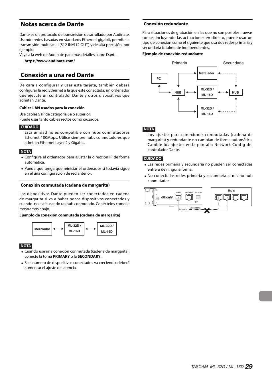 Notas acerca de dante, Conexión a una red dante, Conexión conmutada (cadena de margarita) | Conexión redundante, Notas acerca de dante conexión a una red dante, 29 notas acerca de dante | Tascam ML-32D Dante / Analog Converter User Manual | Page 29 / 72