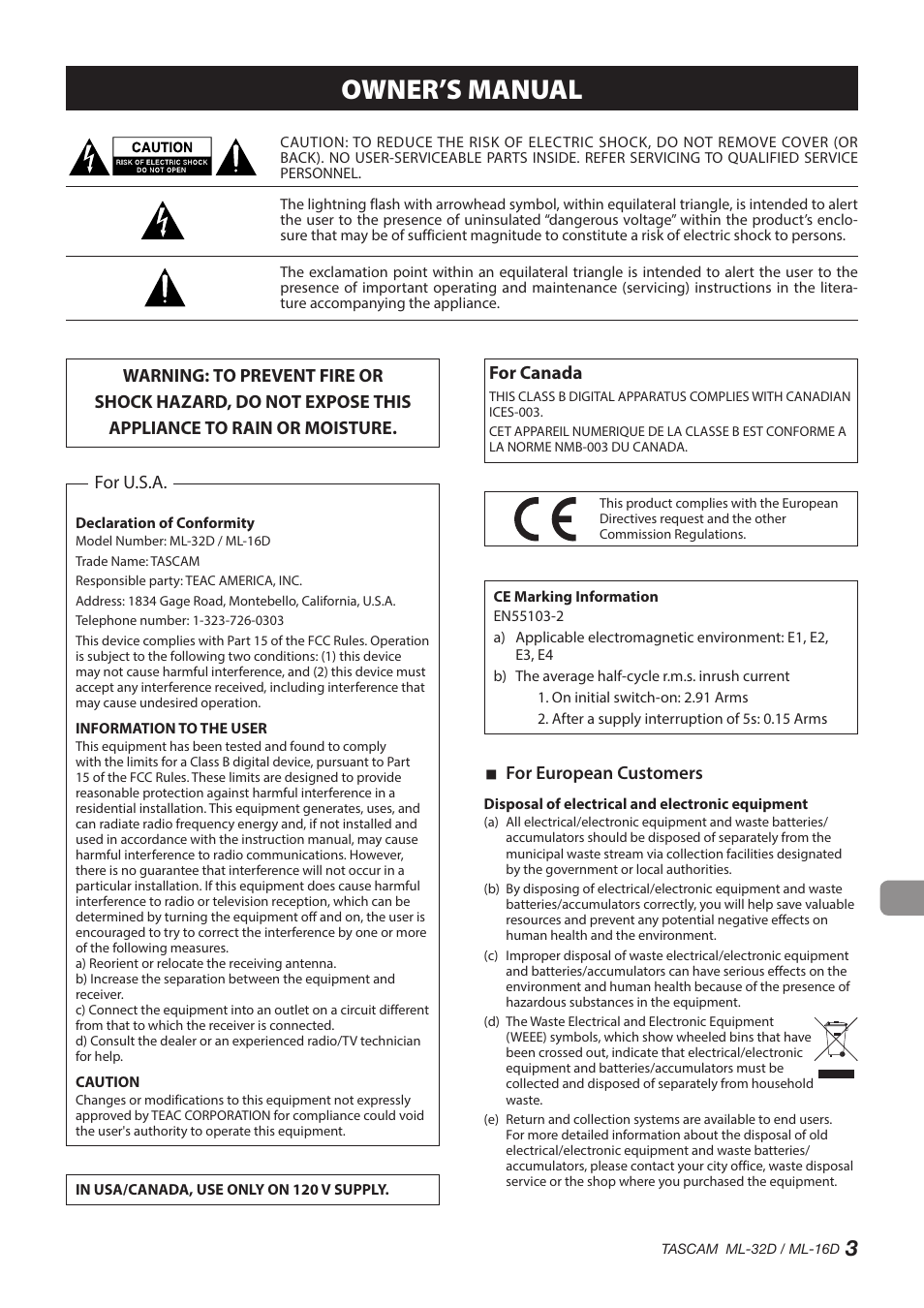 Owner’s manual, For u.s.a, For canada | For european customers | Tascam ML-32D Dante / Analog Converter User Manual | Page 3 / 72