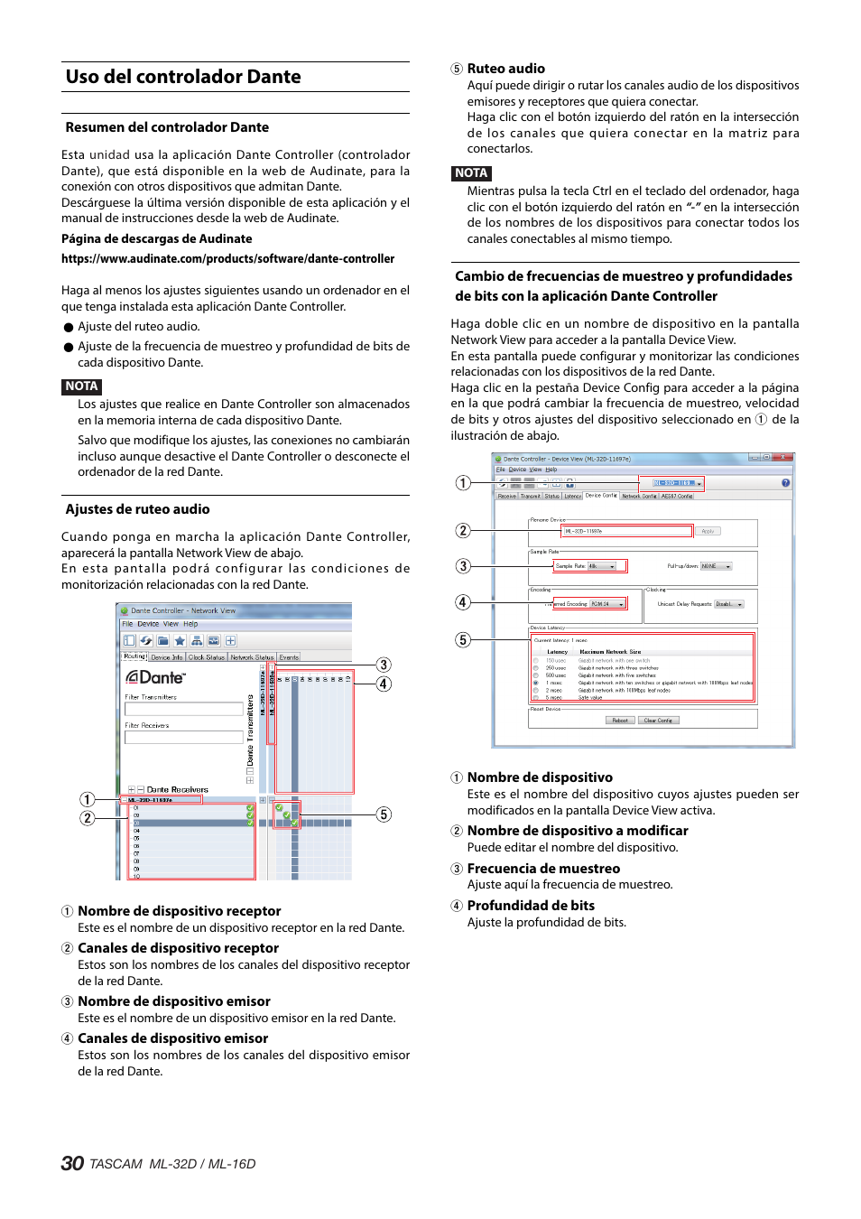 Uso del controlador dante, Resumen del controlador dante, Ajustes de ruteo audio | Tascam ML-32D Dante / Analog Converter User Manual | Page 30 / 72