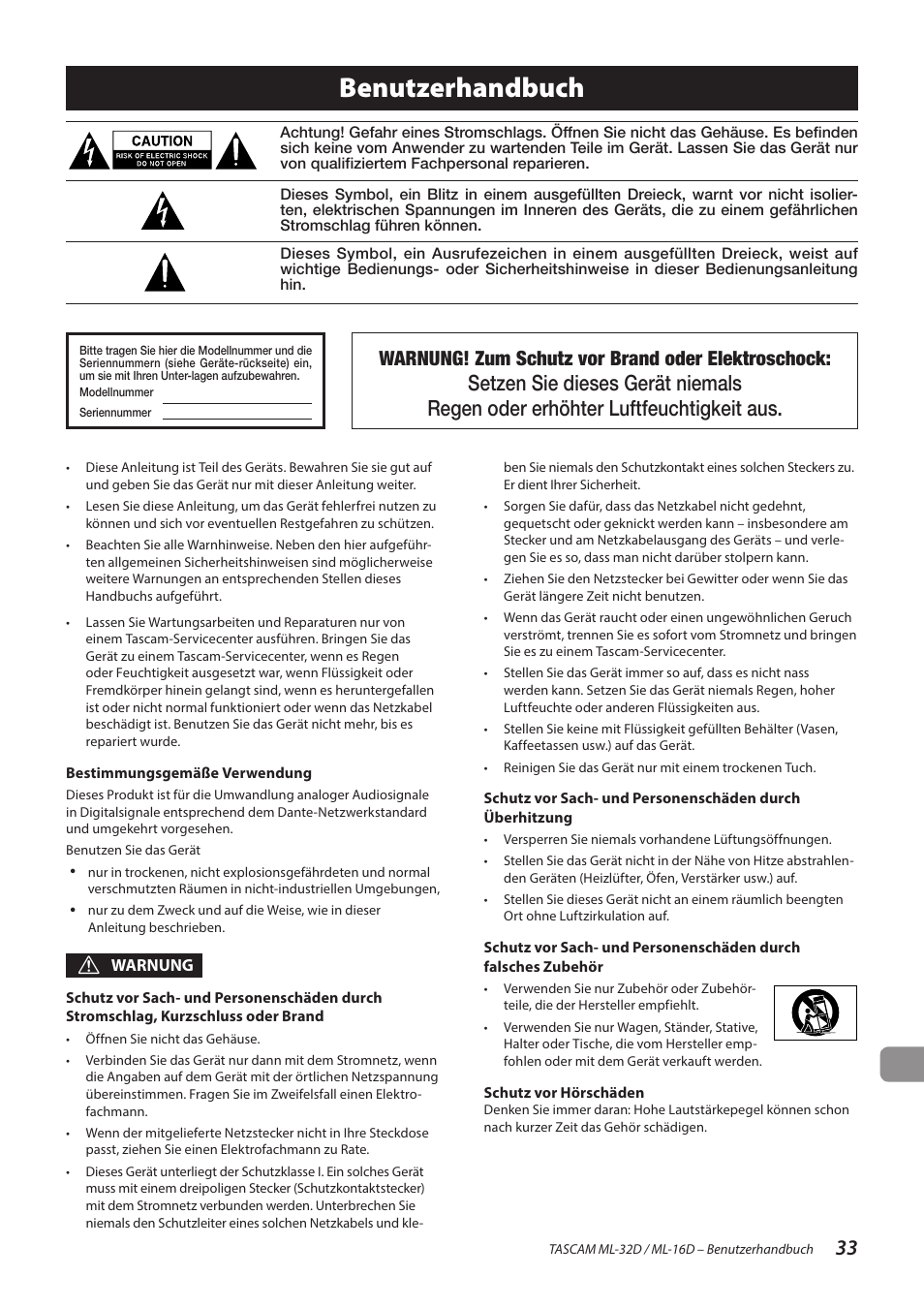 Benutzerhandbuch, Warnung! zum schutz vor brand oder elektroschock | Tascam ML-32D Dante / Analog Converter User Manual | Page 33 / 72