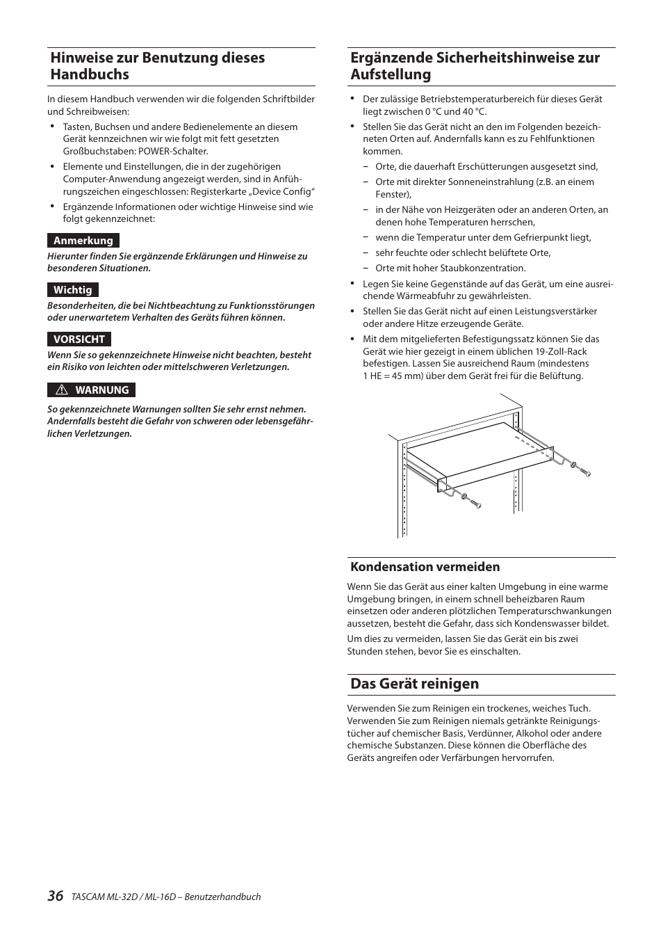 Hinweise zur benutzung dieses handbuchs, Ergänzende sicherheitshinweise zur aufstellung, Kondensation vermeiden | Das gerät reinigen | Tascam ML-32D Dante / Analog Converter User Manual | Page 36 / 72