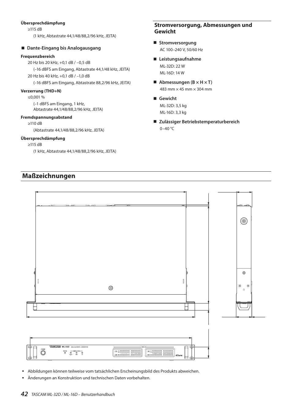 Stromversorgung, abmessungen und gewicht, Maßzeichnungen | Tascam ML-32D Dante / Analog Converter User Manual | Page 42 / 72