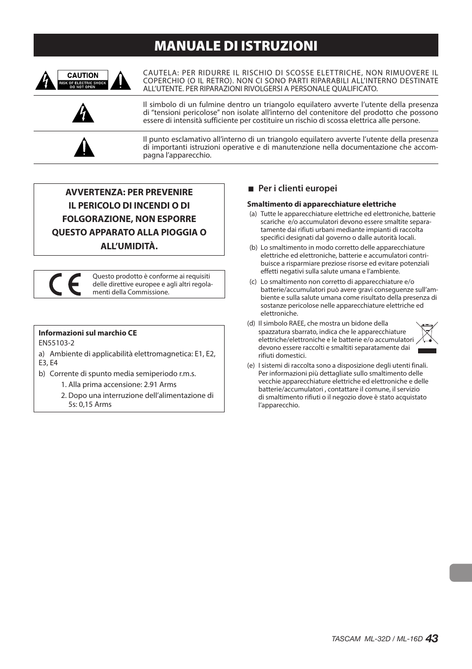 Manuale di istruzioni | Tascam ML-32D Dante / Analog Converter User Manual | Page 43 / 72