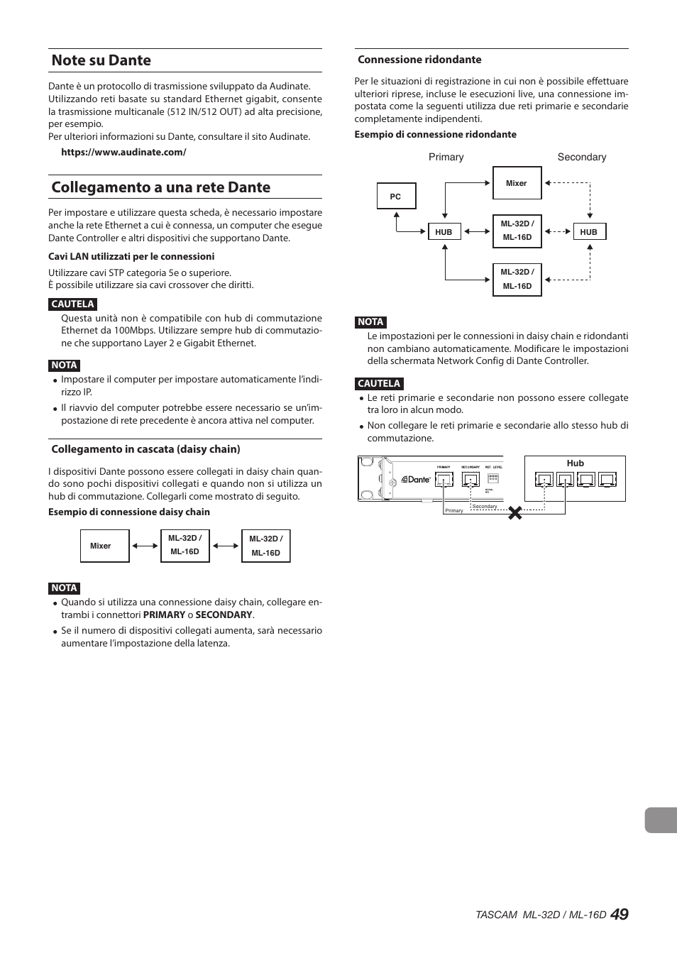 Note su dante, Collegamento a una rete dante, Collegamento in cascata (daisy chain) | Connessione ridondante, Note su dante collegamento a una rete dante | Tascam ML-32D Dante / Analog Converter User Manual | Page 49 / 72