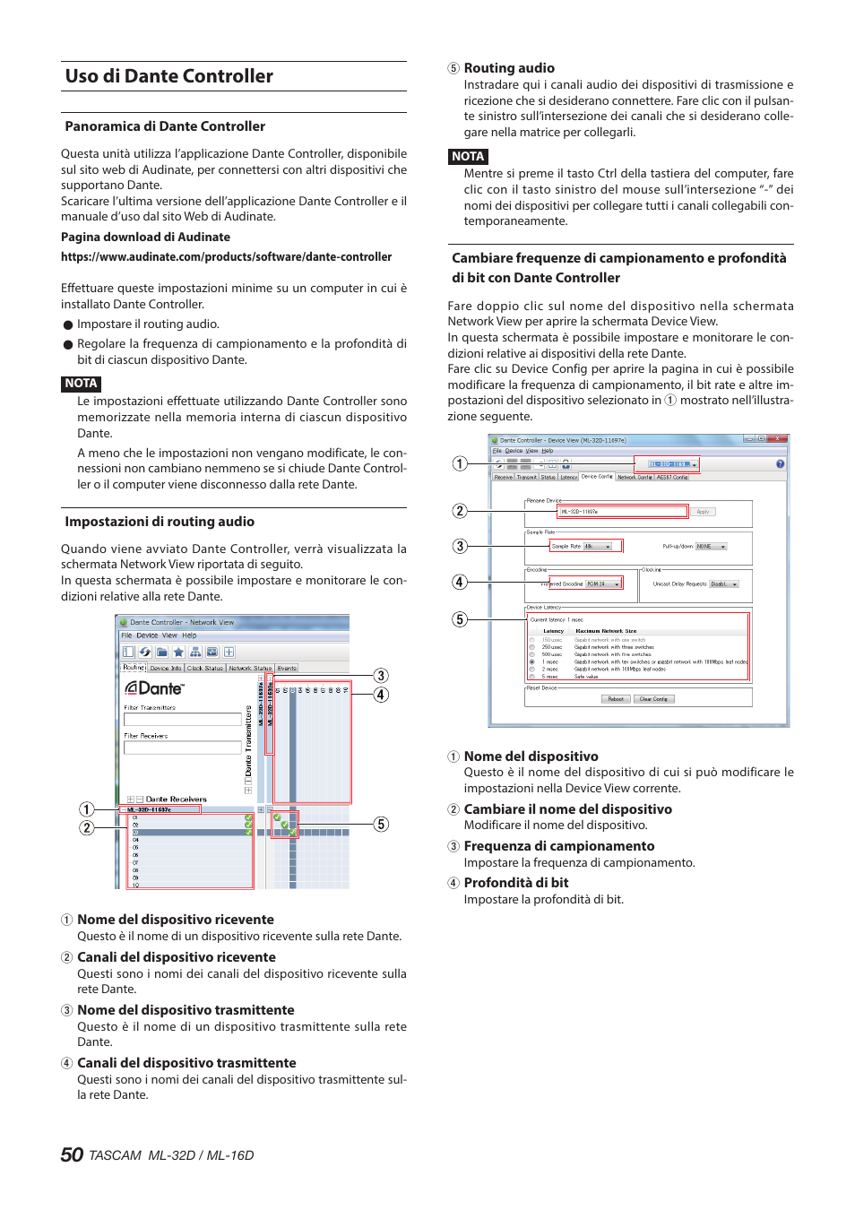 Uso di dante controller, Panoramica di dante controller, Impostazioni di routing audio | Tascam ML-32D Dante / Analog Converter User Manual | Page 50 / 72