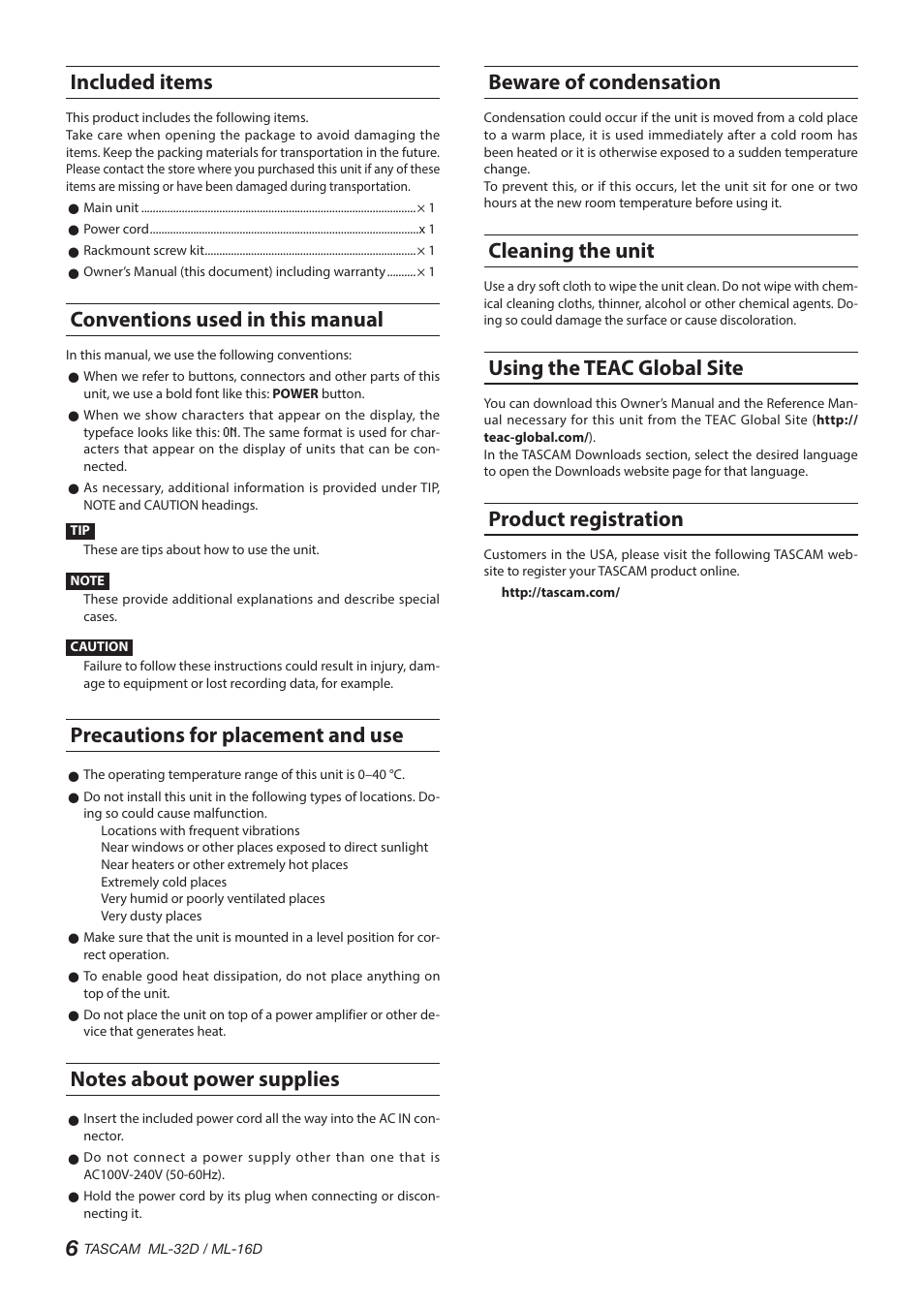 Included items, Conventions used in this manual, Precautions for placement and use | Notes about power supplies, Beware of condensation, Cleaning the unit, Using the teac global site, Product registration | Tascam ML-32D Dante / Analog Converter User Manual | Page 6 / 72