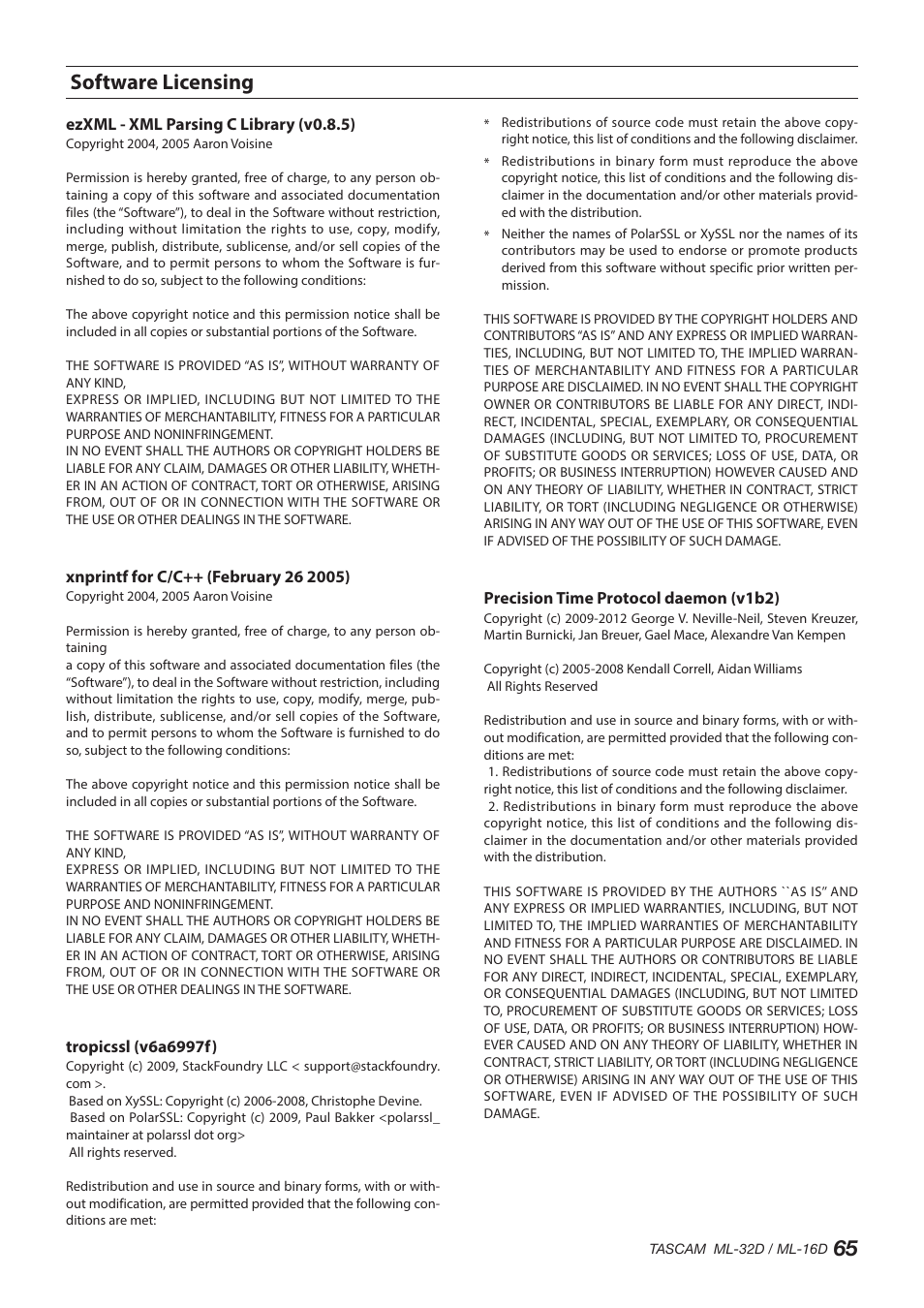 Software licensing, 65 software licensing | Tascam ML-32D Dante / Analog Converter User Manual | Page 65 / 72