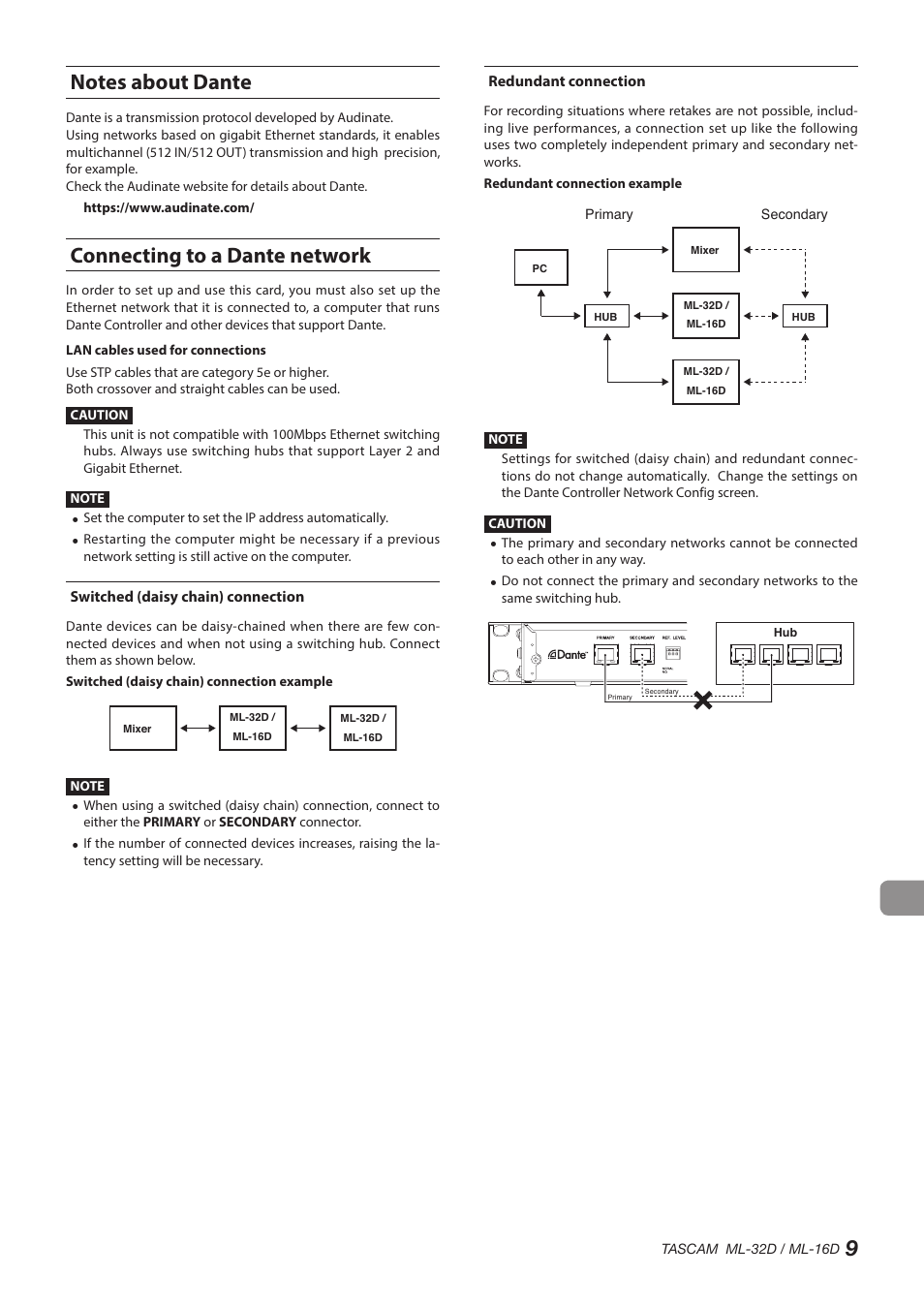 Notes about dante, Connecting to a dante network, Switched (daisy chain) connection | Redundant connection, Notes about dante connecting to a dante network | Tascam ML-32D Dante / Analog Converter User Manual | Page 9 / 72
