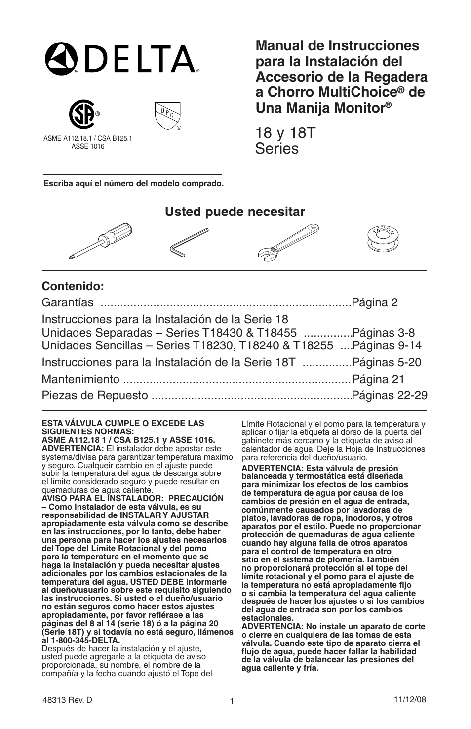 18 y 18t series, De una manija monitor, Usted puede necesitar | Delta 48313 User Manual | Page 25 / 78