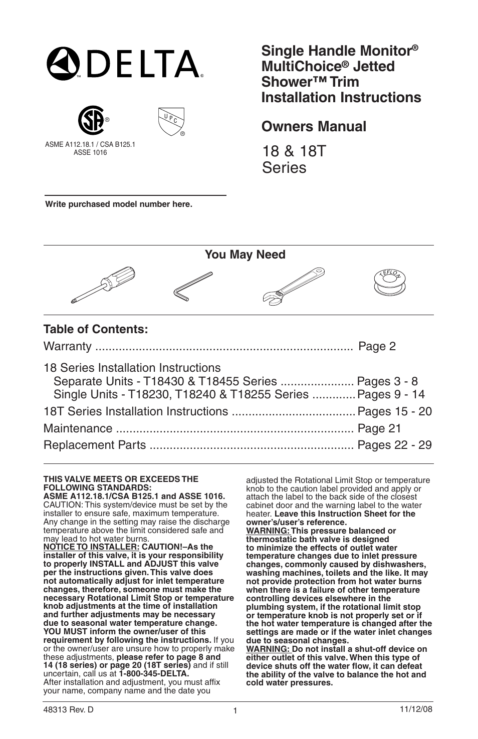 18 & 18t series, Single handle monitor, Multichoice | You may need | Delta 48313 User Manual | Page 3 / 78