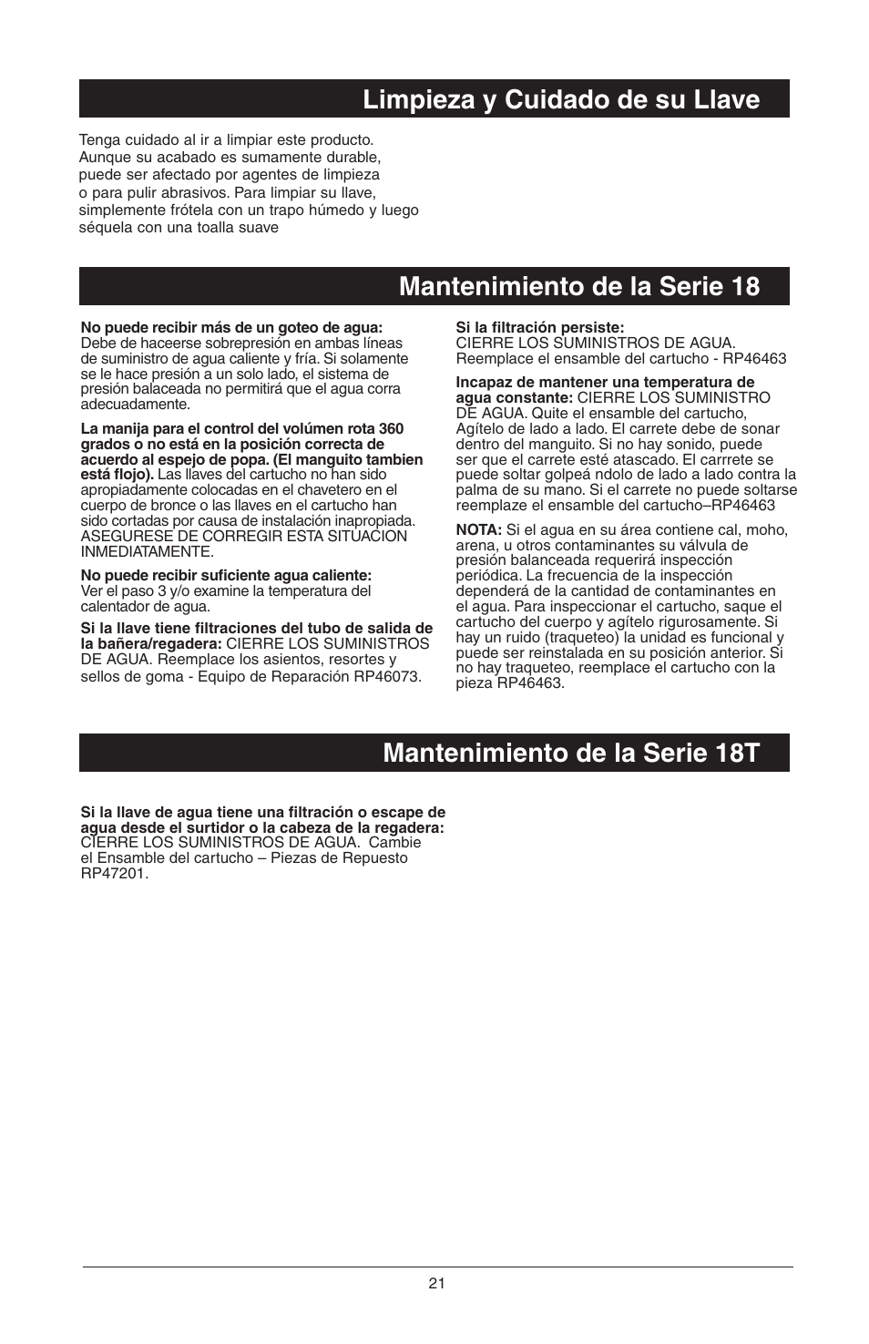 Limpieza y cuidado de su llave | Delta 48313 User Manual | Page 45 / 78