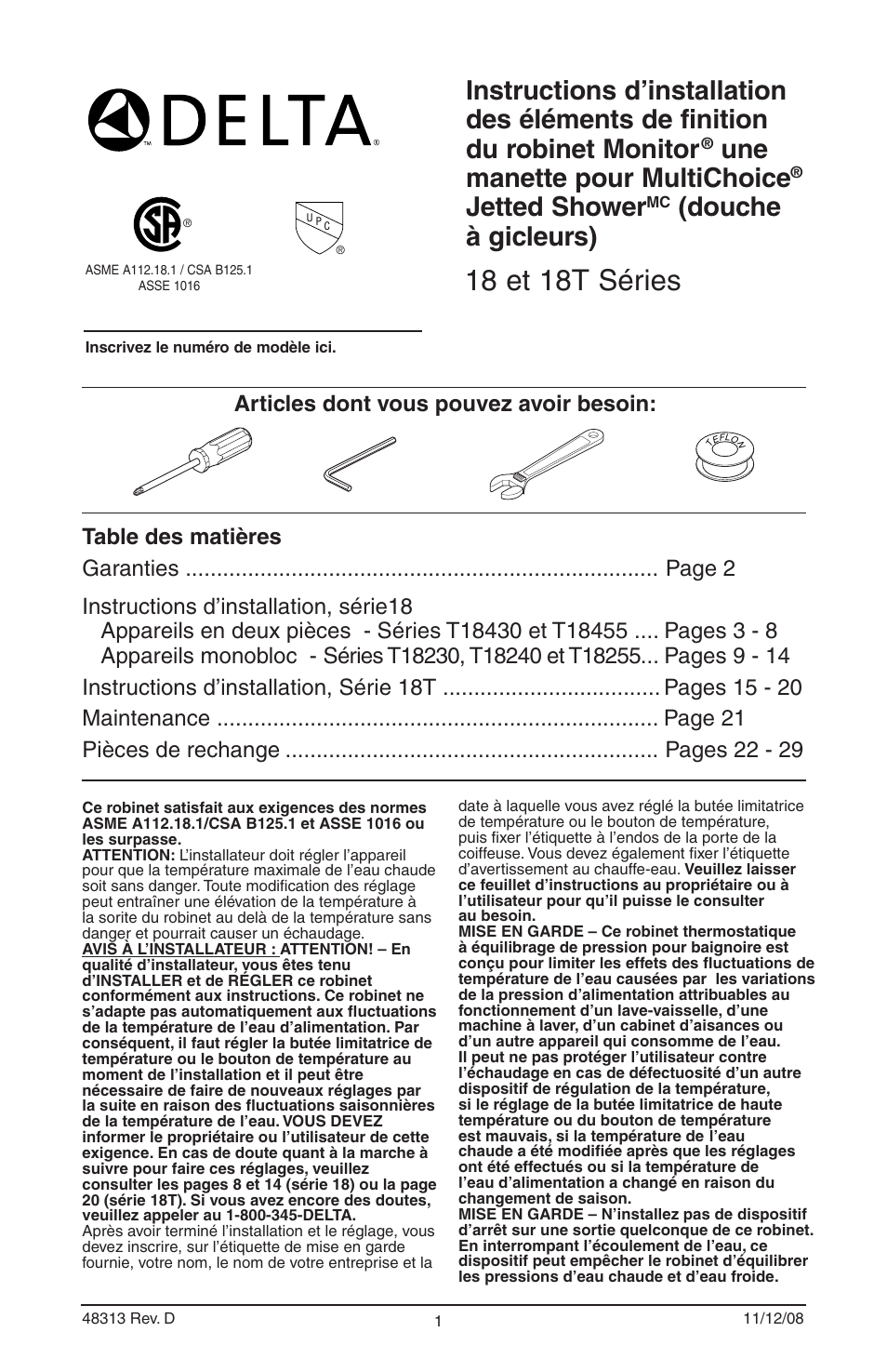 18 et 18t séries, Une manette pour multichoice, Jetted shower | Douche à gicleurs), Articles dont vous pouvez avoir besoin | Delta 48313 User Manual | Page 47 / 78