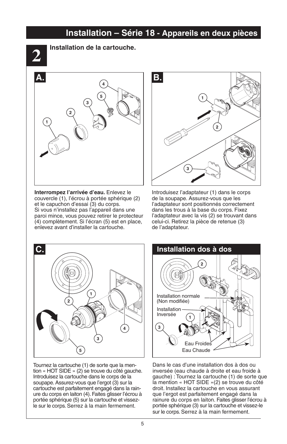 Installation – série 18, A. c, Appareils en deux pièces | Installation dos à dos | Delta 48313 User Manual | Page 51 / 78