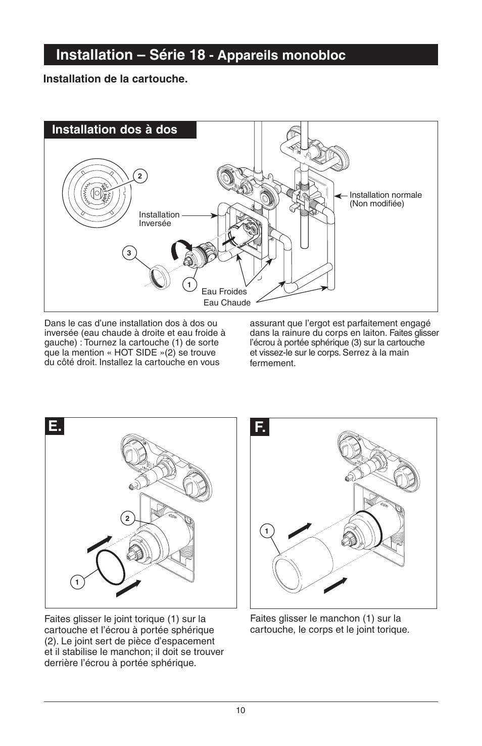 E. f, Installation – série 18, Appareils monobloc | Installation dos à dos | Delta 48313 User Manual | Page 56 / 78
