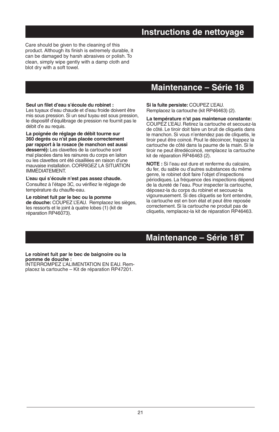 Maintenance – série 18 maintenance – série 18t, Instructions de nettoyage | Delta 48313 User Manual | Page 67 / 78