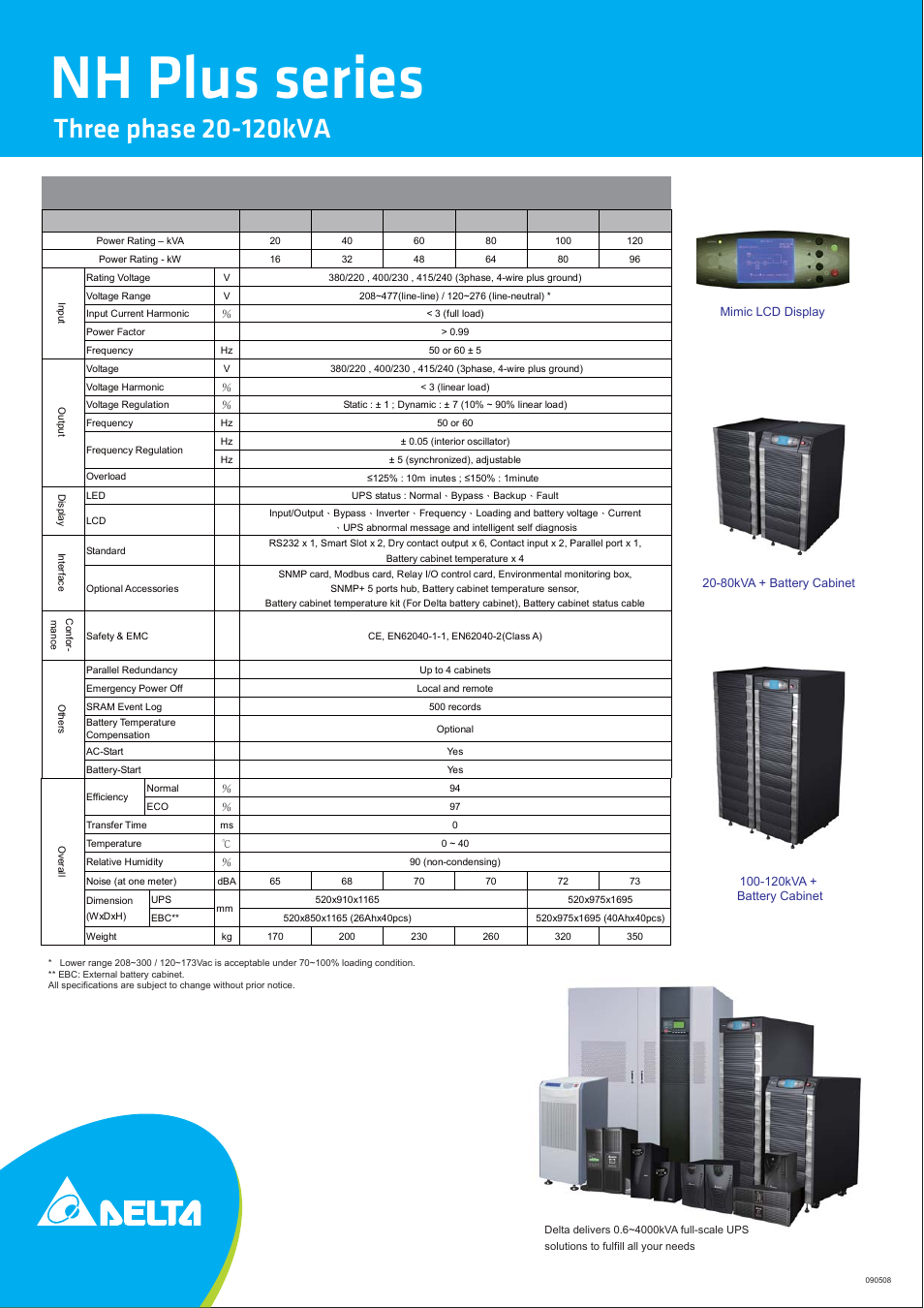 Nh plus series, Technical specifications | Delta NH Plus Series Three Phase 20-120kVA User Manual | Page 2 / 2