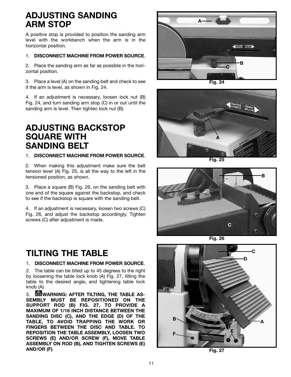 Adjusting sanding arm stop, Adjusting backstop square with sanding belt, Tilting the table | Delta 31-695 User Manual | Page 11 / 20