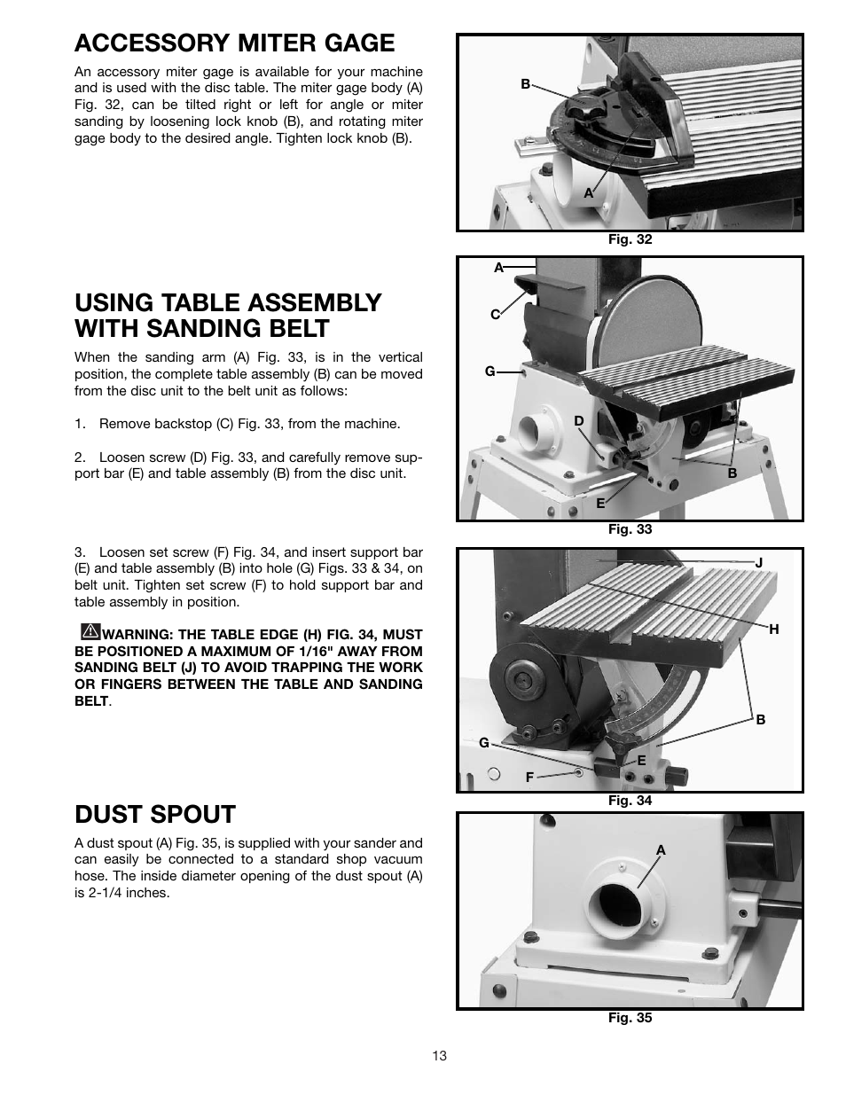 Accessory miter gage, Dust spout, Using table assembly with sanding belt | Delta 31-695 User Manual | Page 13 / 20