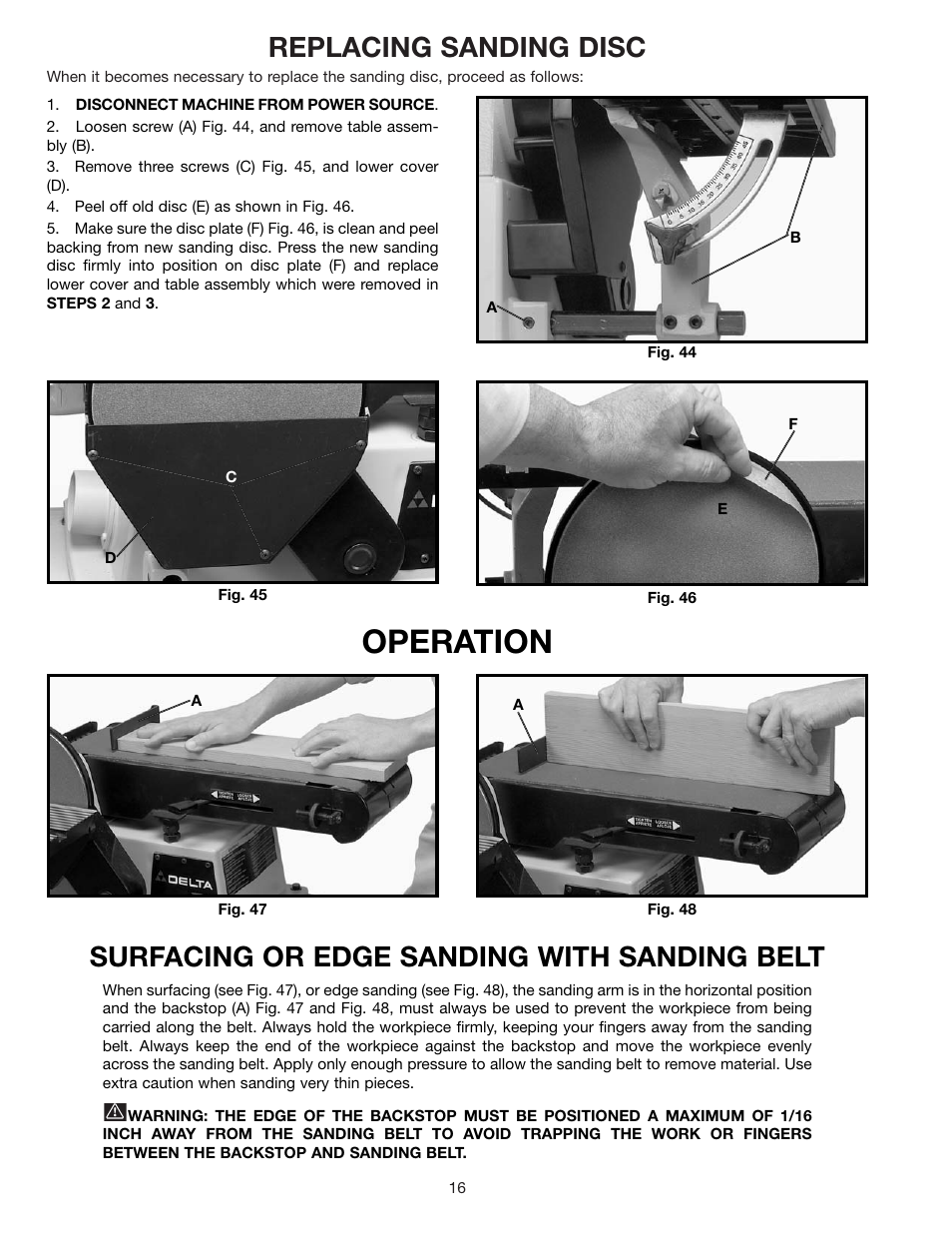 Operation, Replacing sanding disc, Surfacing or edge sanding with sanding belt | Delta 31-695 User Manual | Page 16 / 20