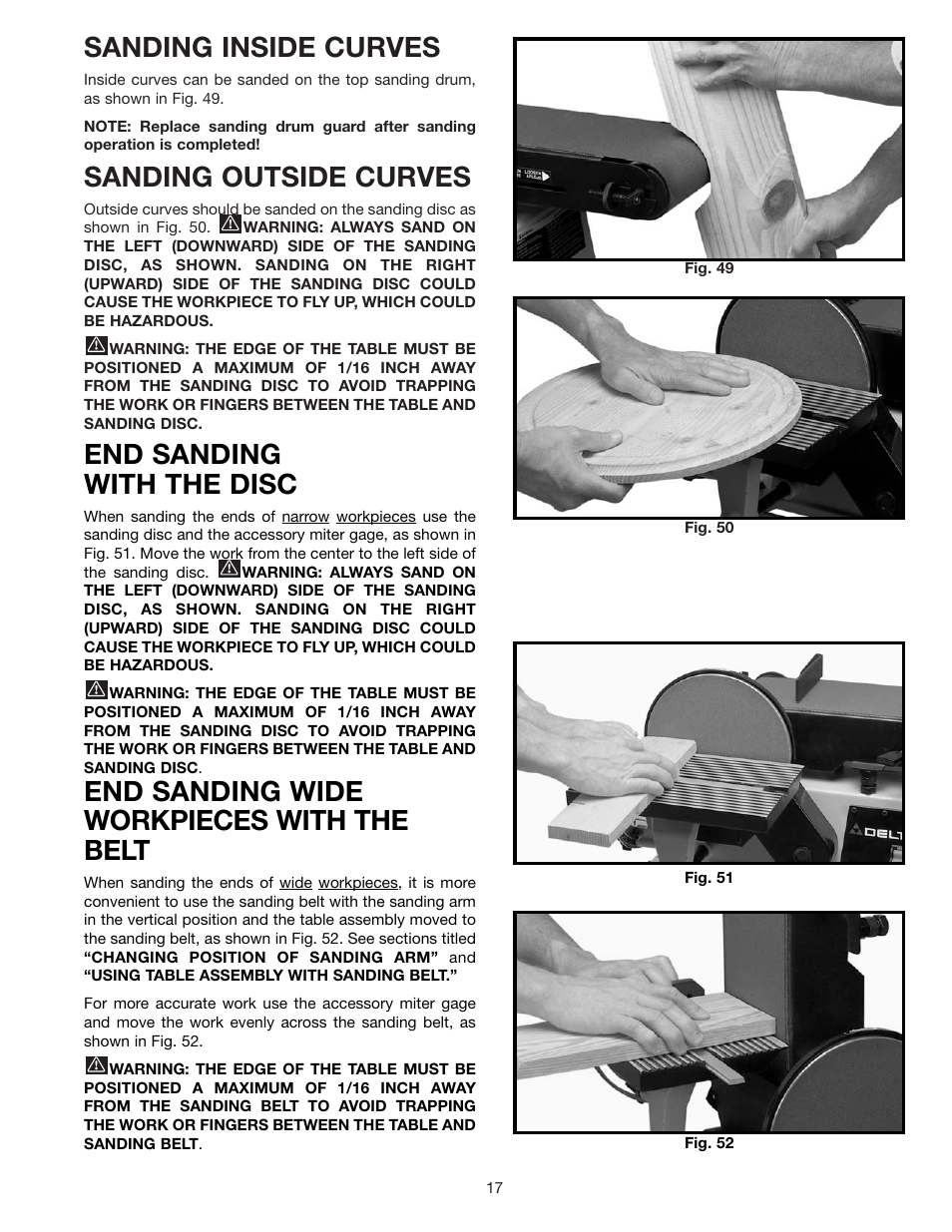Sanding inside curves, Sanding outside curves, End sanding with the disc | End sanding wide workpieces with the belt | Delta 31-695 User Manual | Page 17 / 20