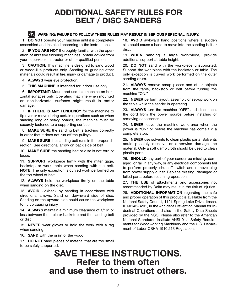 Additional safety rules for belt / disc sanders | Delta 31-695 User Manual | Page 3 / 20