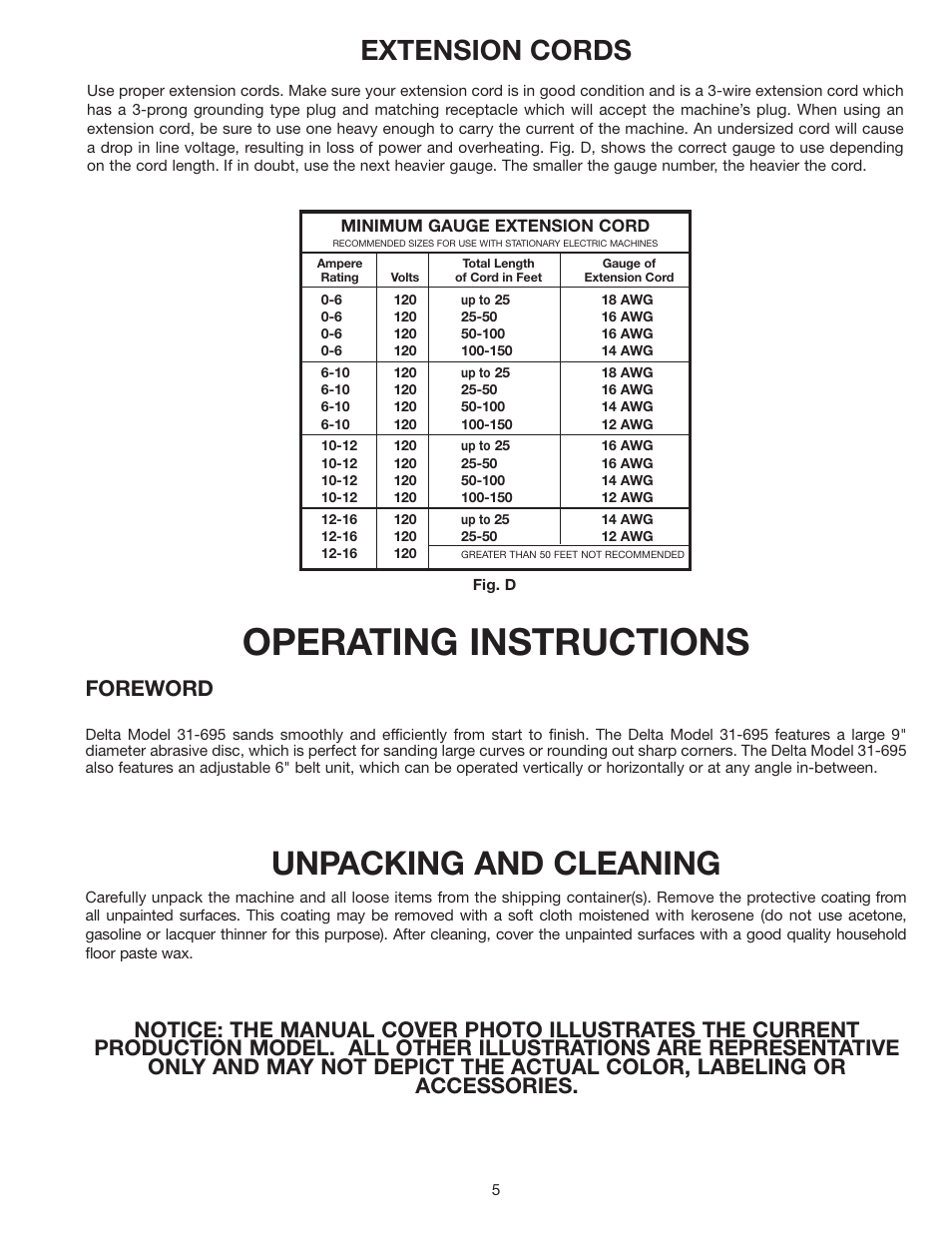 Operating instructions, Unpacking and cleaning, Extension cords | Foreword | Delta 31-695 User Manual | Page 5 / 20
