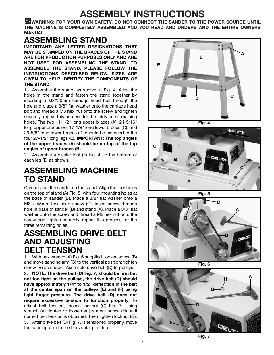 Assembly instructions, Assembling stand, Assembling machine to stand | Assembling drive belt and adjusting belt tension | Delta 31-695 User Manual | Page 7 / 20