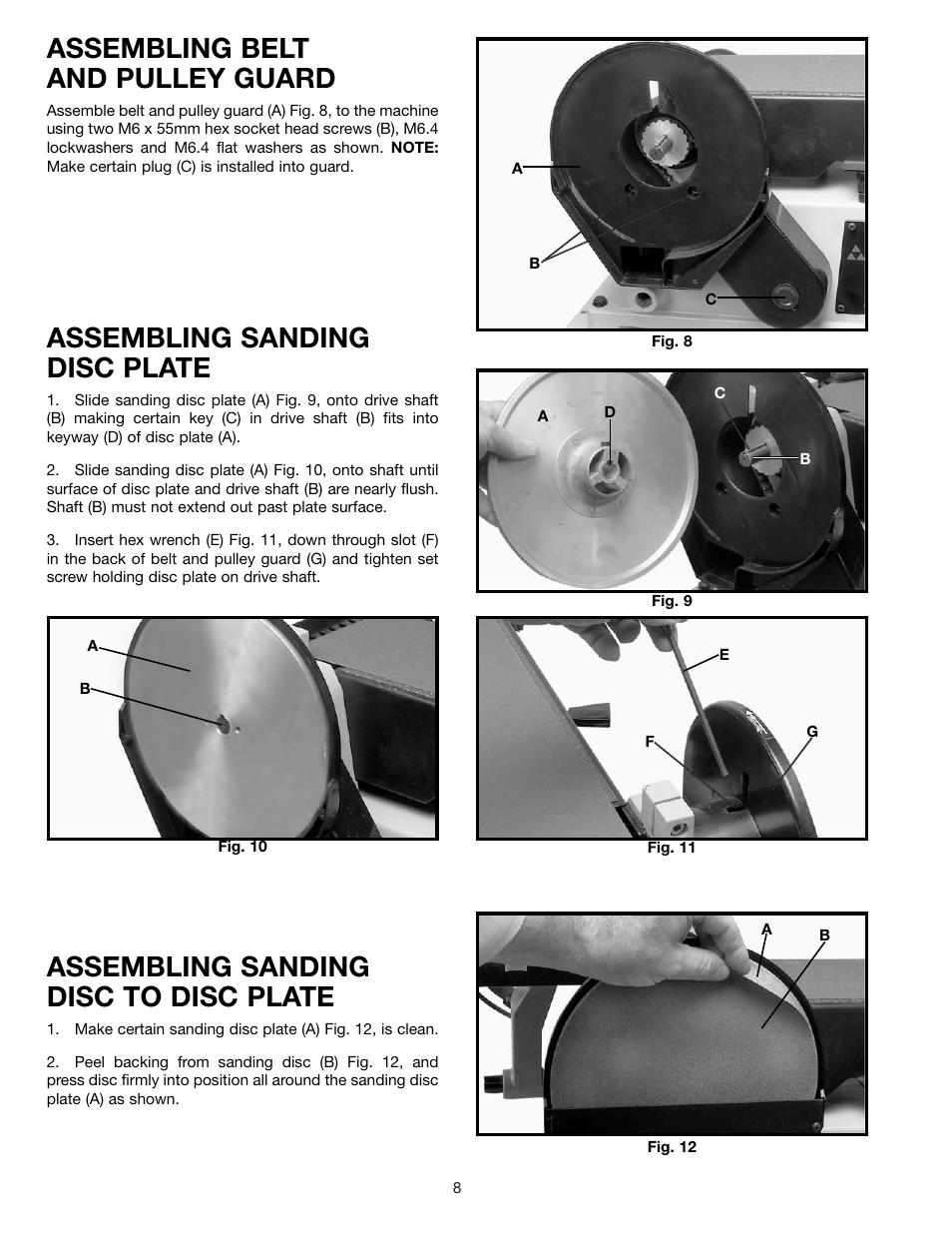 Assembling belt and pulley guard, Assembling sanding disc plate, Assembling sanding disc to disc plate | Delta 31-695 User Manual | Page 8 / 20