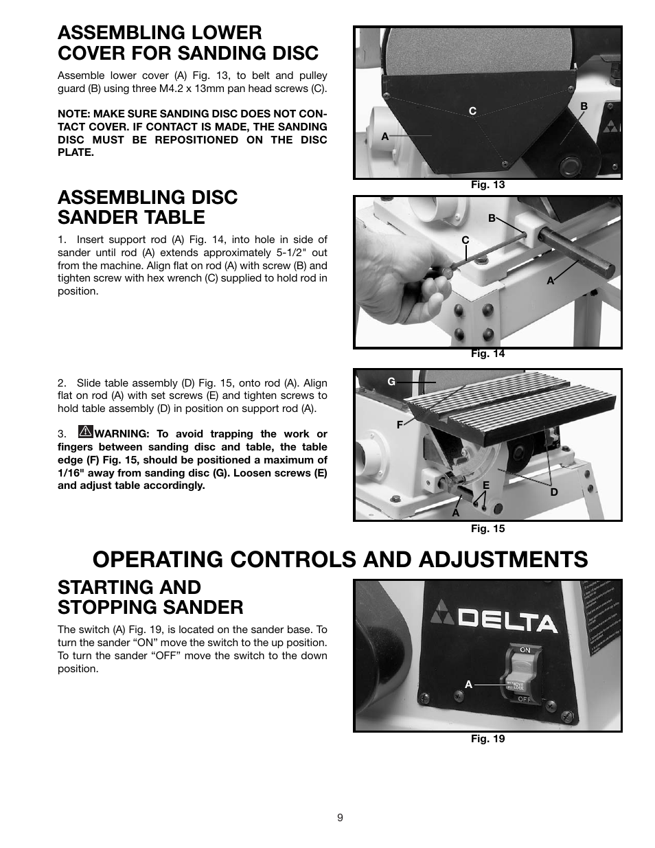 Operating controls and adjustments, Assembling lower cover for sanding disc, Assembling disc sander table | Starting and stopping sander | Delta 31-695 User Manual | Page 9 / 20