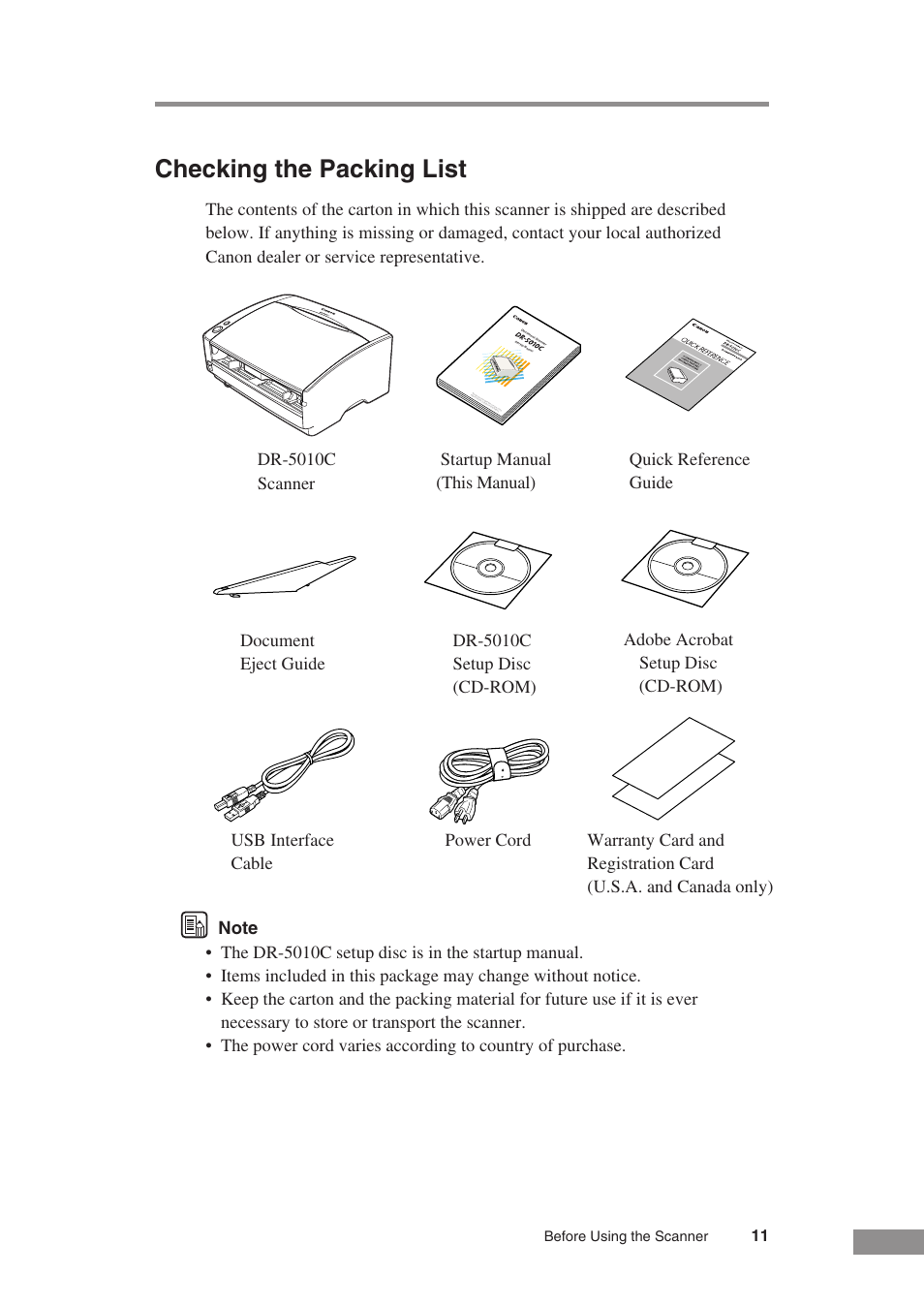 Checking the packing list | Canon DR-5010C User Manual | Page 13 / 96