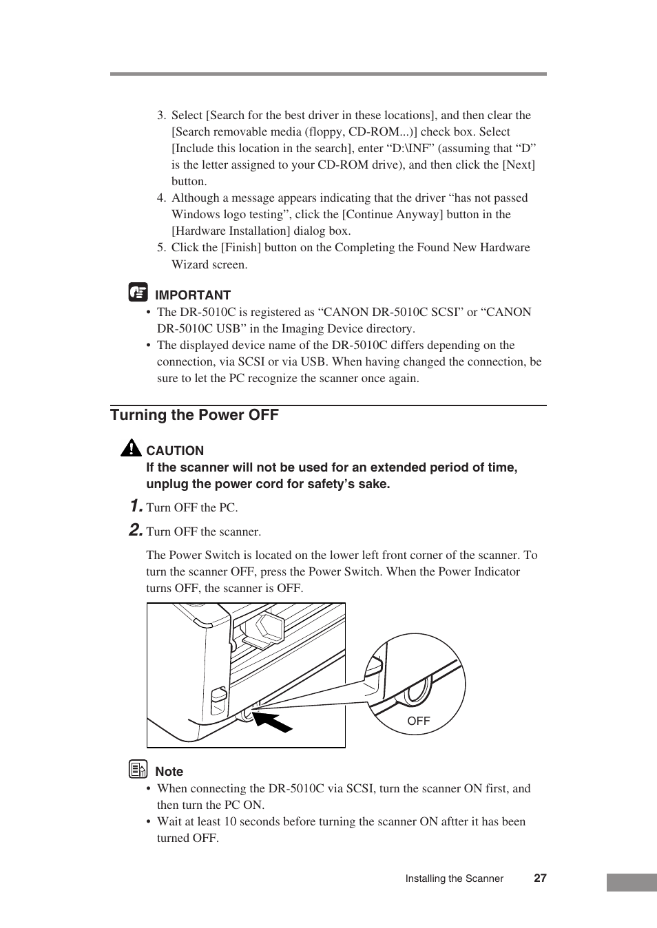 Turning the power off | Canon DR-5010C User Manual | Page 29 / 96