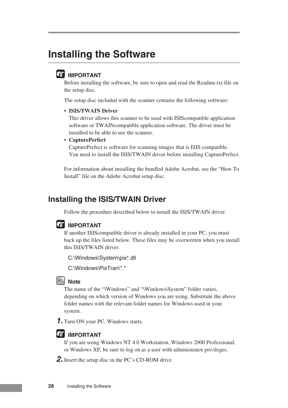 Installing the software, Installing the isis/twain driver | Canon DR-5010C User Manual | Page 30 / 96