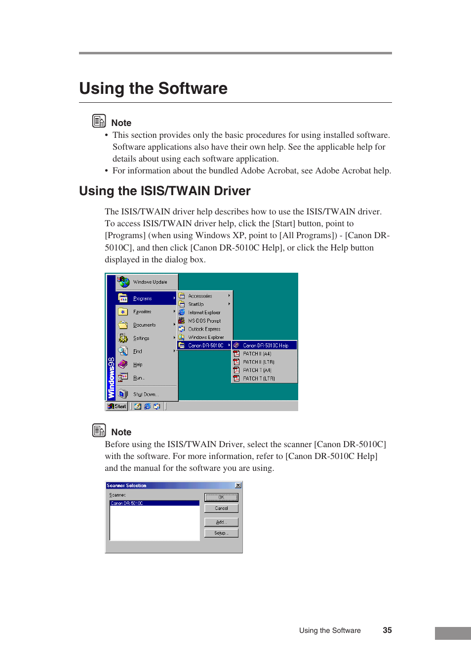 Using the software, Using the isis/twain driver | Canon DR-5010C User Manual | Page 37 / 96