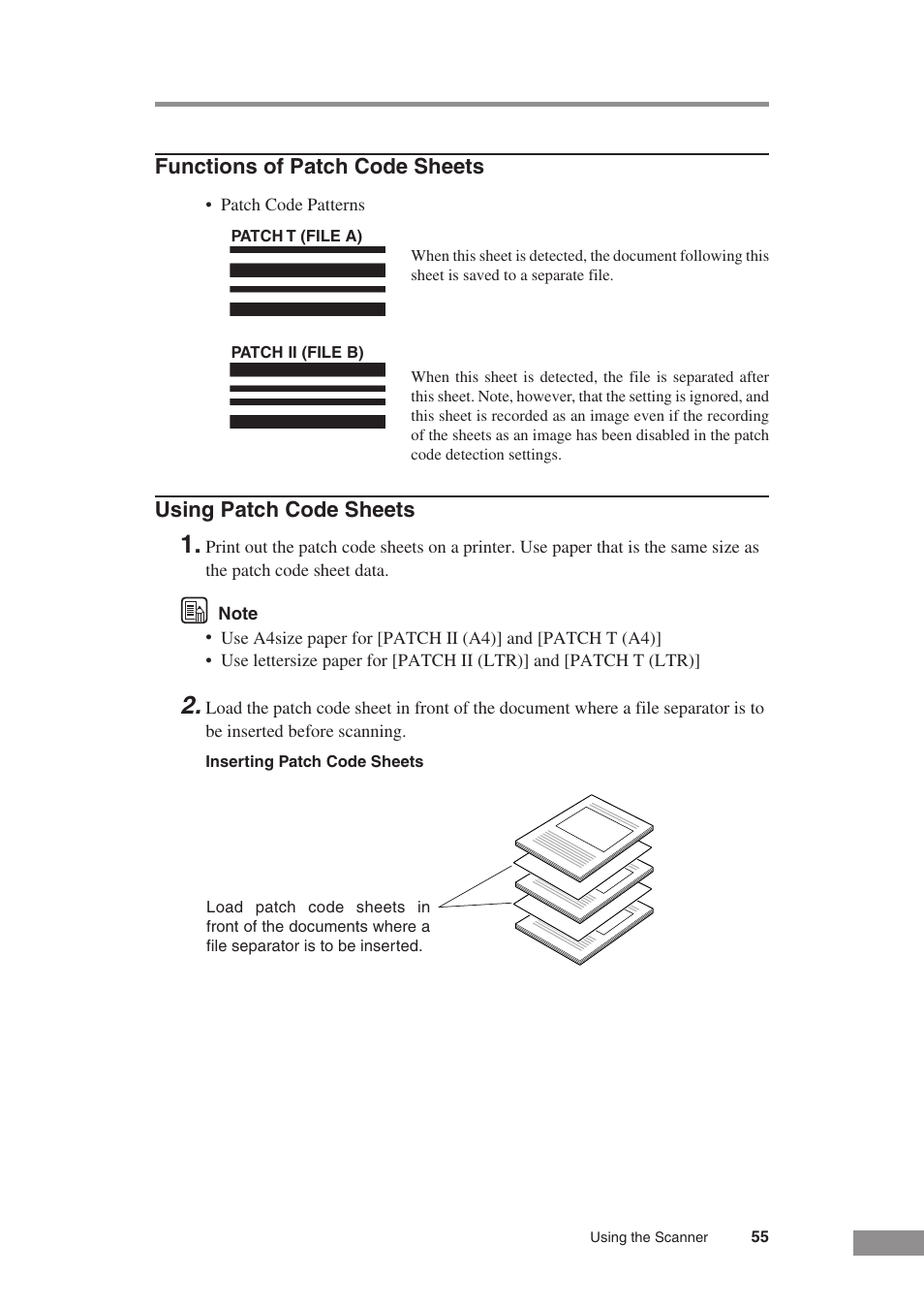 Functions of patch code sheets, Using patch code sheets | Canon DR-5010C User Manual | Page 57 / 96