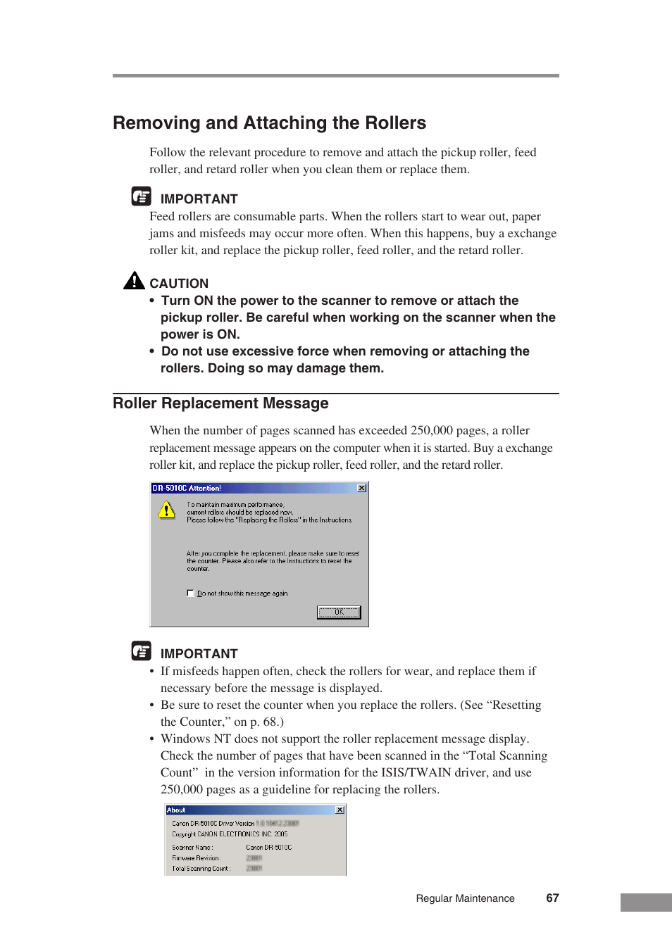 Removing and attaching the rollers, Roller replacement message | Canon DR-5010C User Manual | Page 69 / 96