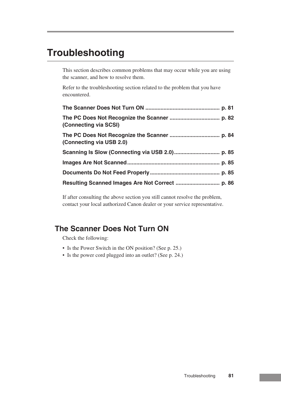 Troubleshooting, The scanner does not turn on | Canon DR-5010C User Manual | Page 83 / 96