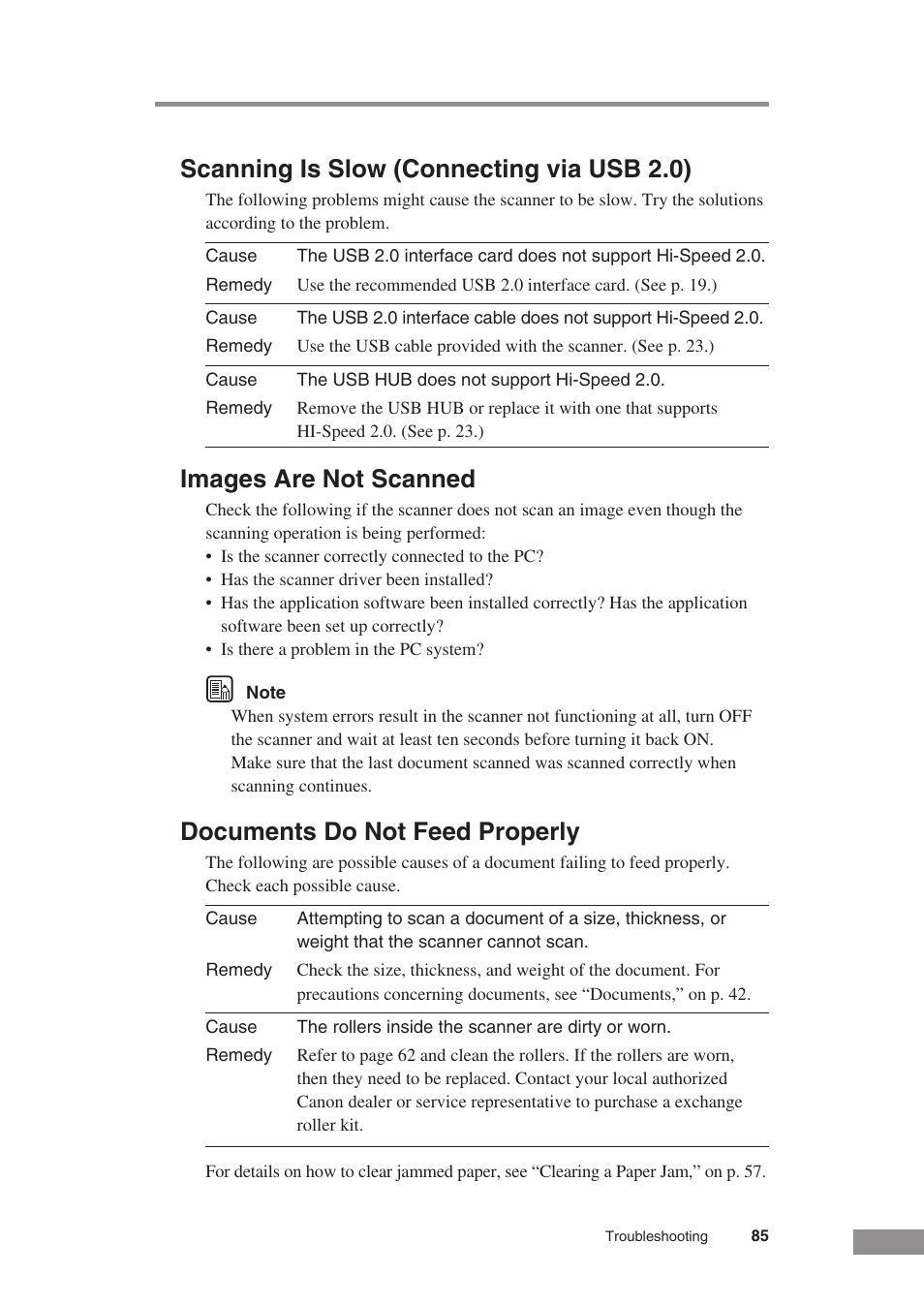 Scanning is slow (connecting via usb 2.0), Images are not scanned, Documents do not feed properly | Canon DR-5010C User Manual | Page 87 / 96