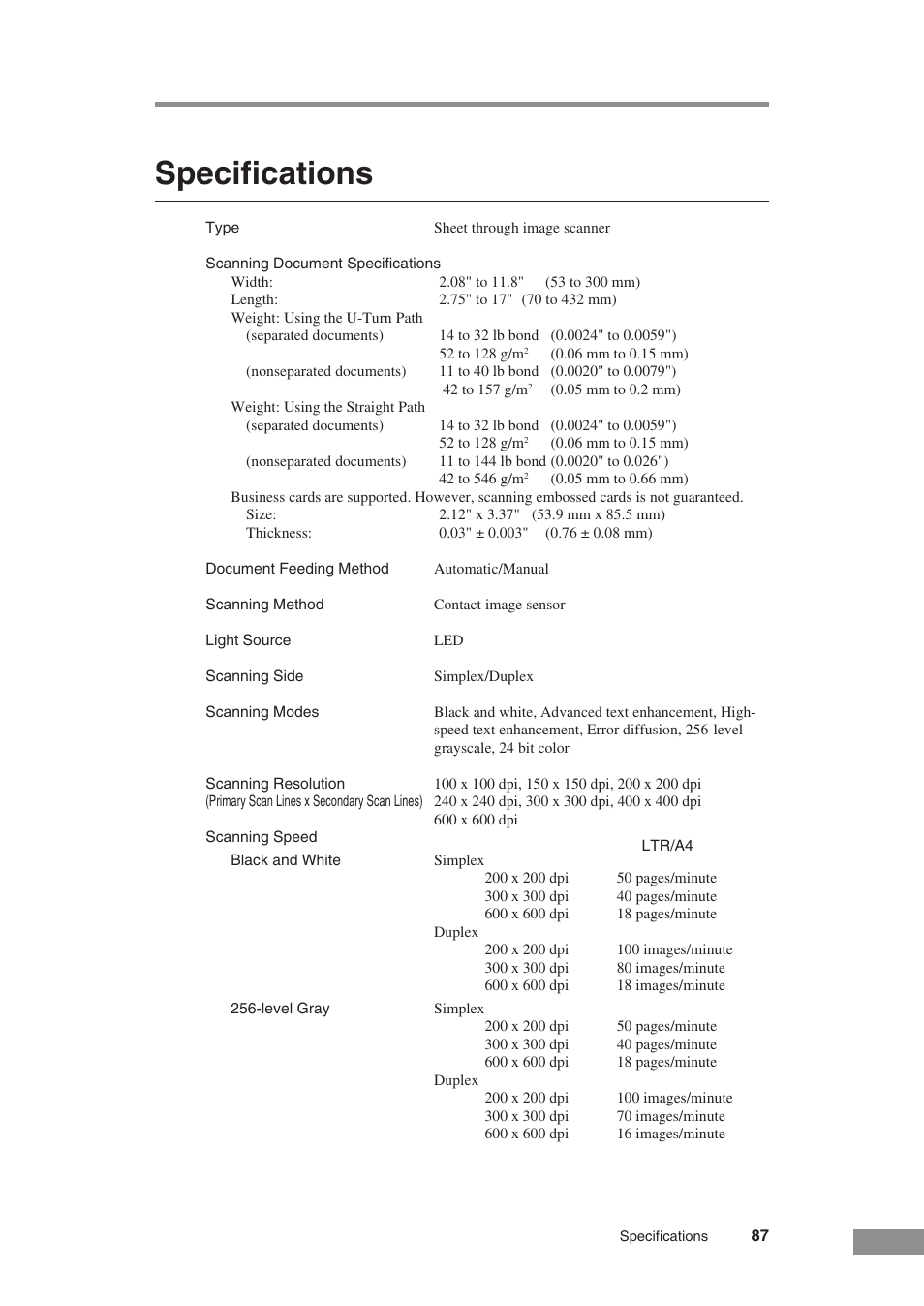 Specifications | Canon DR-5010C User Manual | Page 89 / 96