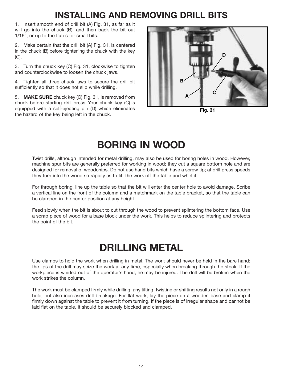 Boring in wood, Drilling metal, Installing and removing drill bits | Delta 17-900 User Manual | Page 14 / 16