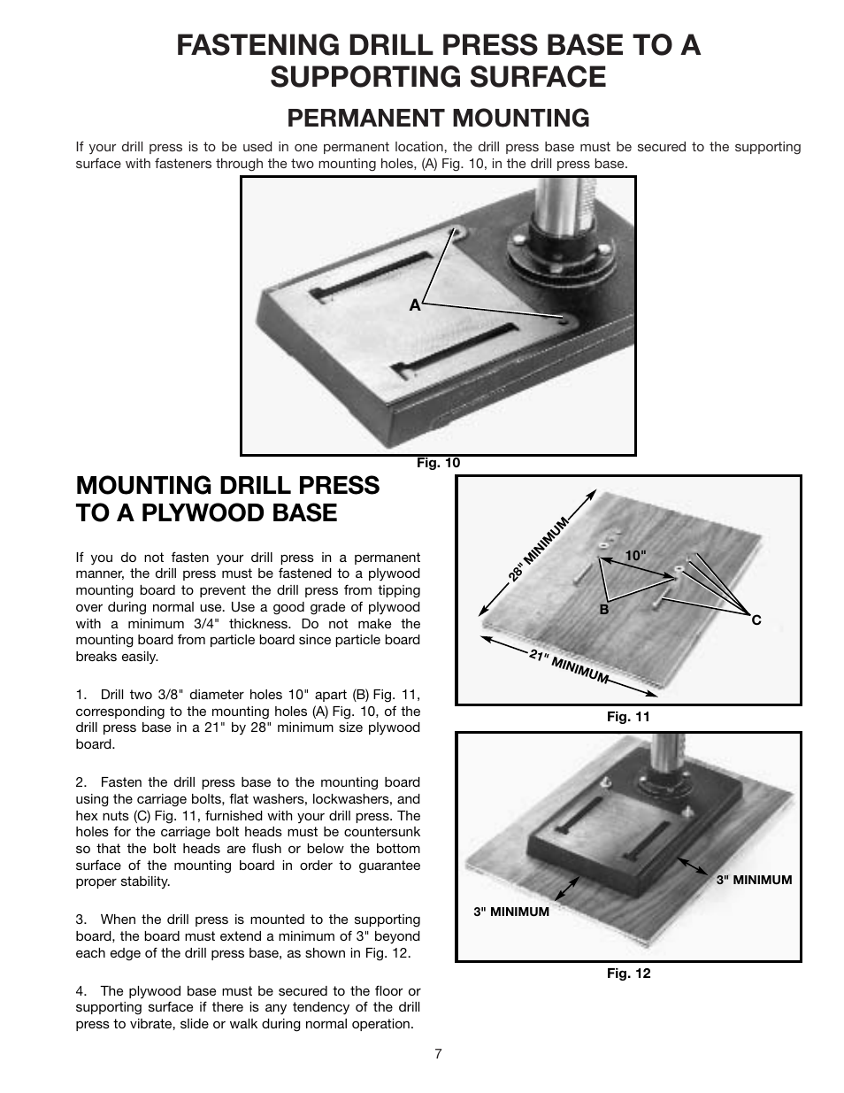 Fastening drill press base to a supporting surface, Permanent mounting, Mounting drill press to a plywood base | Delta 17-900 User Manual | Page 7 / 16