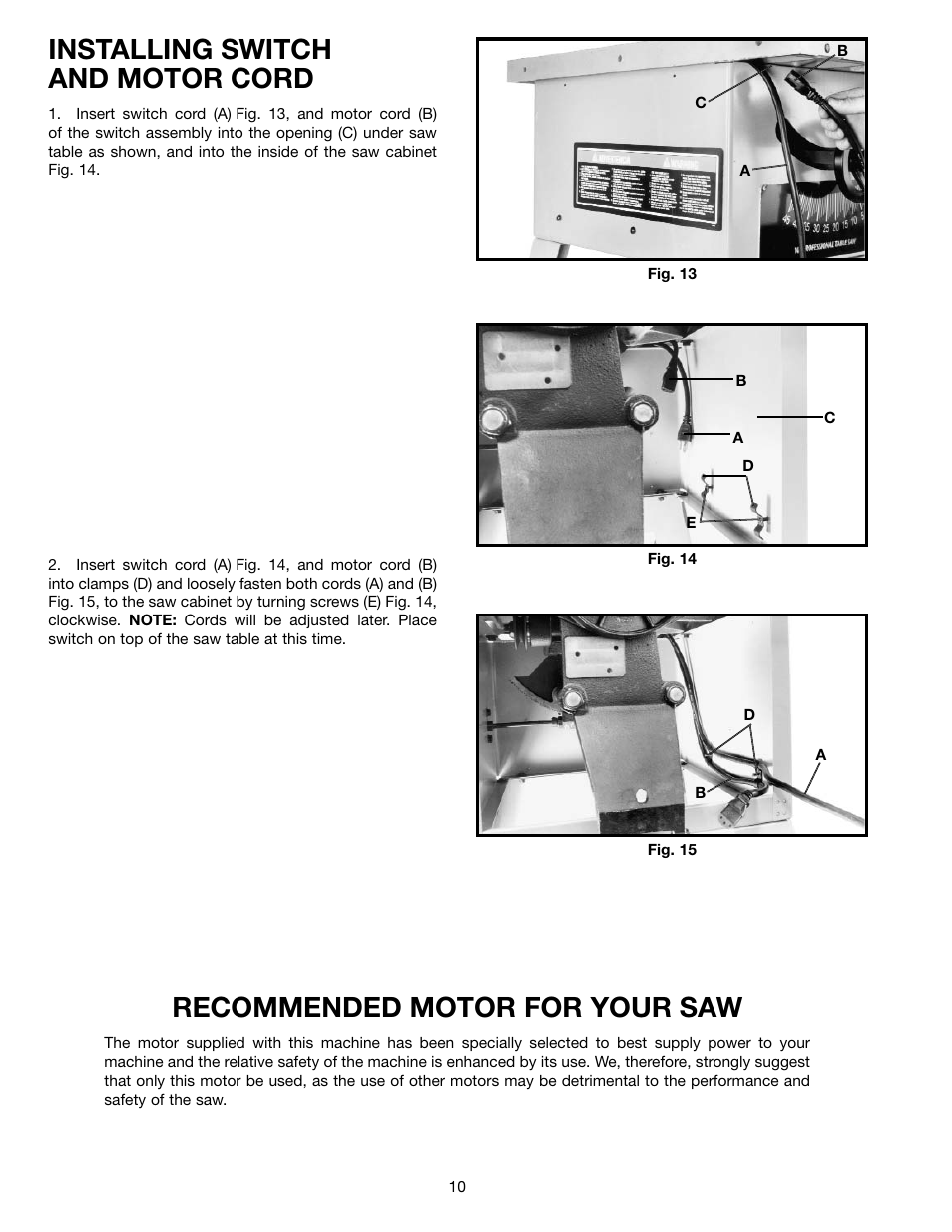 Installing switch and motor cord, Recommended motor for your saw | Delta 36-650 User Manual | Page 10 / 32