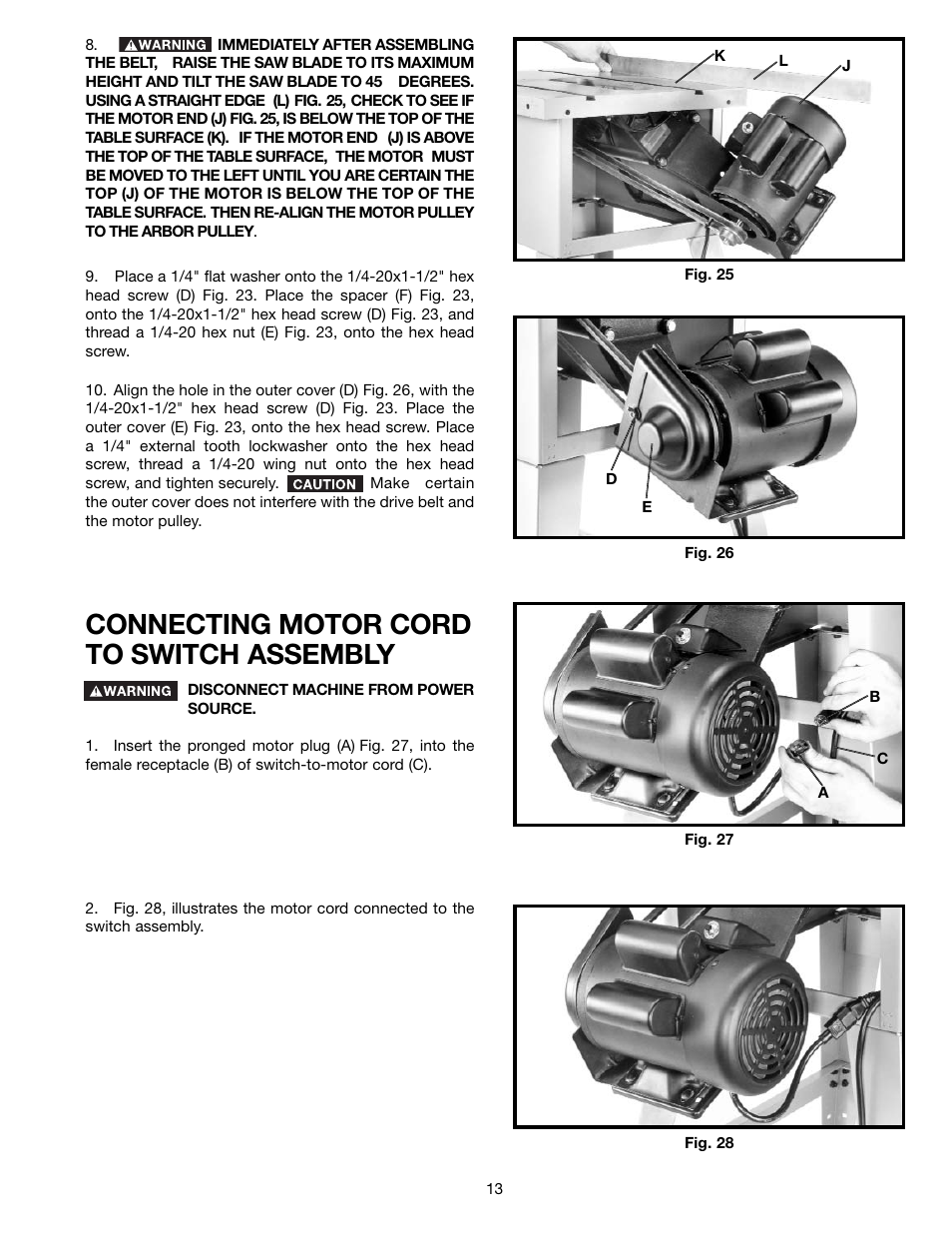 Connecting motor cord to switch assembly | Delta 36-650 User Manual | Page 13 / 32