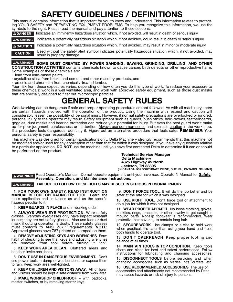 Safety guidelines / definitions, General safety rules | Delta 36-650 User Manual | Page 2 / 32