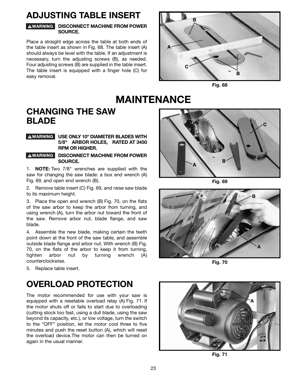 Maintenance, Adjusting table insert, Overload protection | Changing the saw blade | Delta 36-650 User Manual | Page 23 / 32