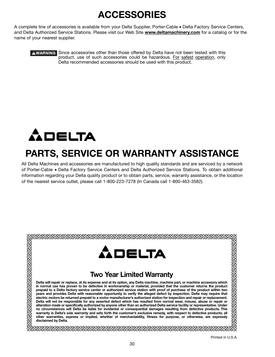 Parts, service or warranty assistance, Accessories, Two year limited warranty | Delta 36-650 User Manual | Page 30 / 32