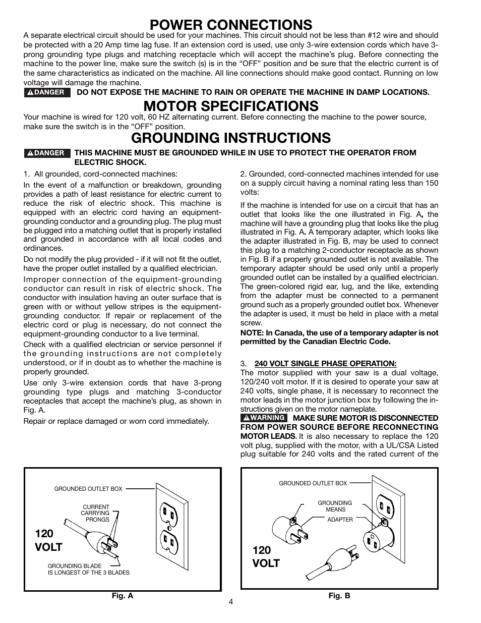 Power connections, Motor specifications, Grounding instructions | 120 volt | Delta 36-650 User Manual | Page 4 / 32
