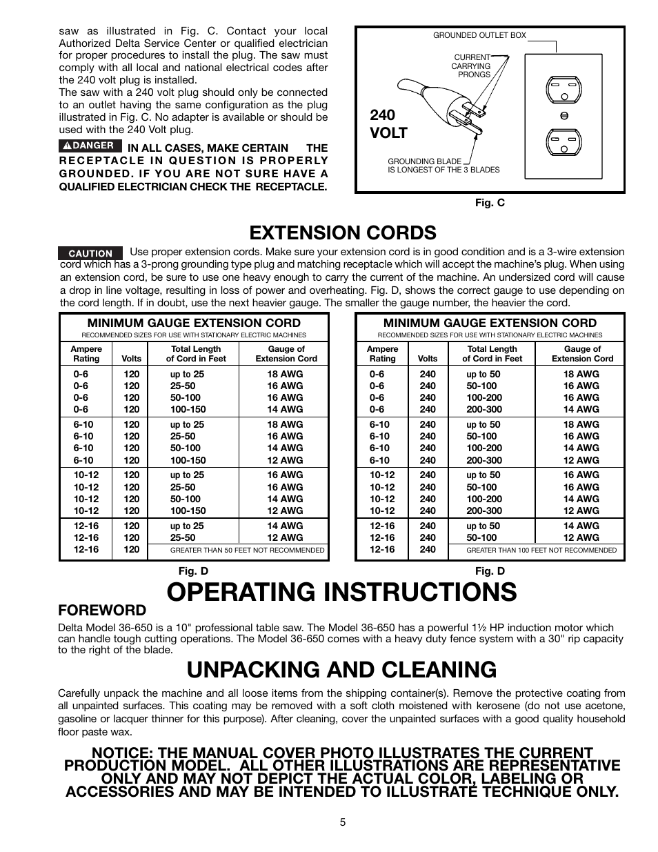 Operating instructions, Unpacking and cleaning, Extension cords | Foreword, 240 volt | Delta 36-650 User Manual | Page 5 / 32
