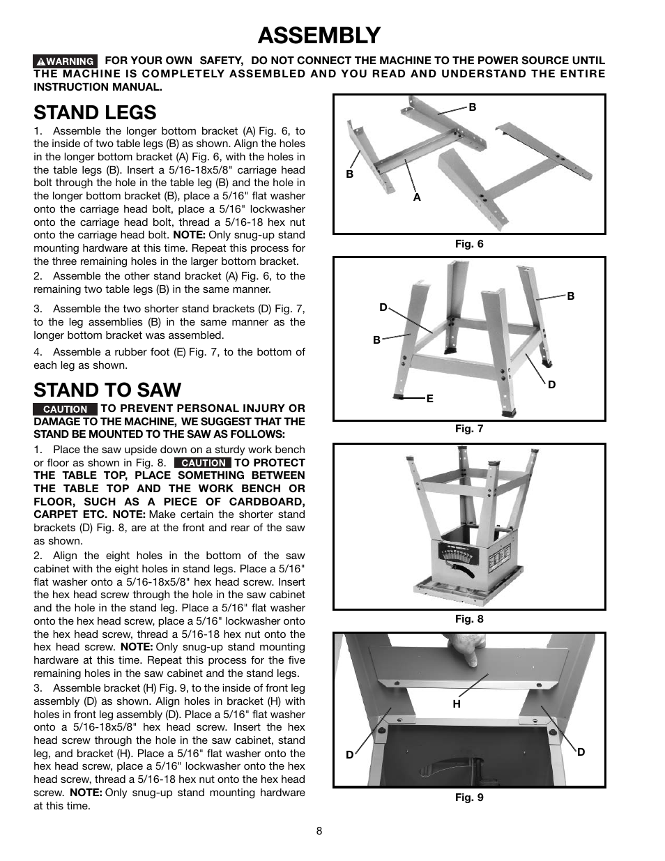 Assembly, Stand legs, Stand to saw | Delta 36-650 User Manual | Page 8 / 32