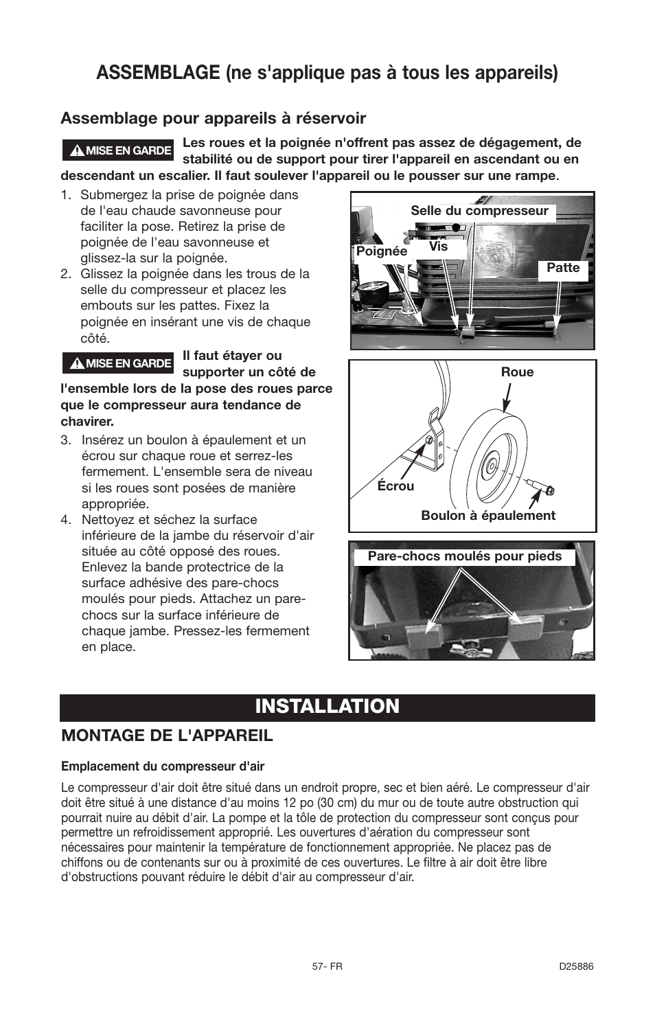 Installation, Assemblage pour appareils à réservoir, Montage de l'appareil | Delta D25886 User Manual | Page 57 / 72