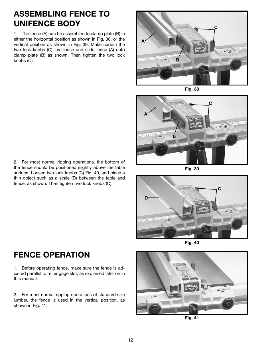 Assembling fence to unifence body, Fence operation | Delta 36-902 User Manual | Page 12 / 20
